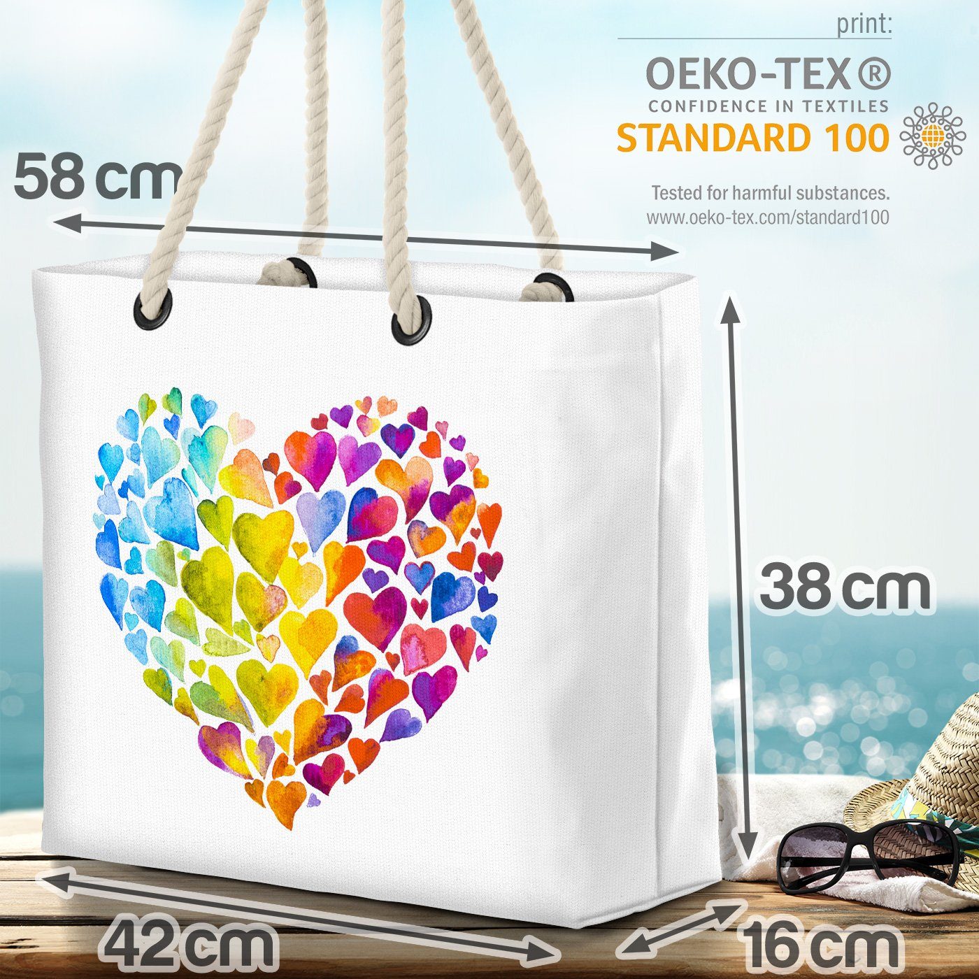 Herzen Wasserfarben VOID Strandtasche Farben Geschenk Herz Muttertag (1-tlg), Bunt Liebe Bag Beach Wasser