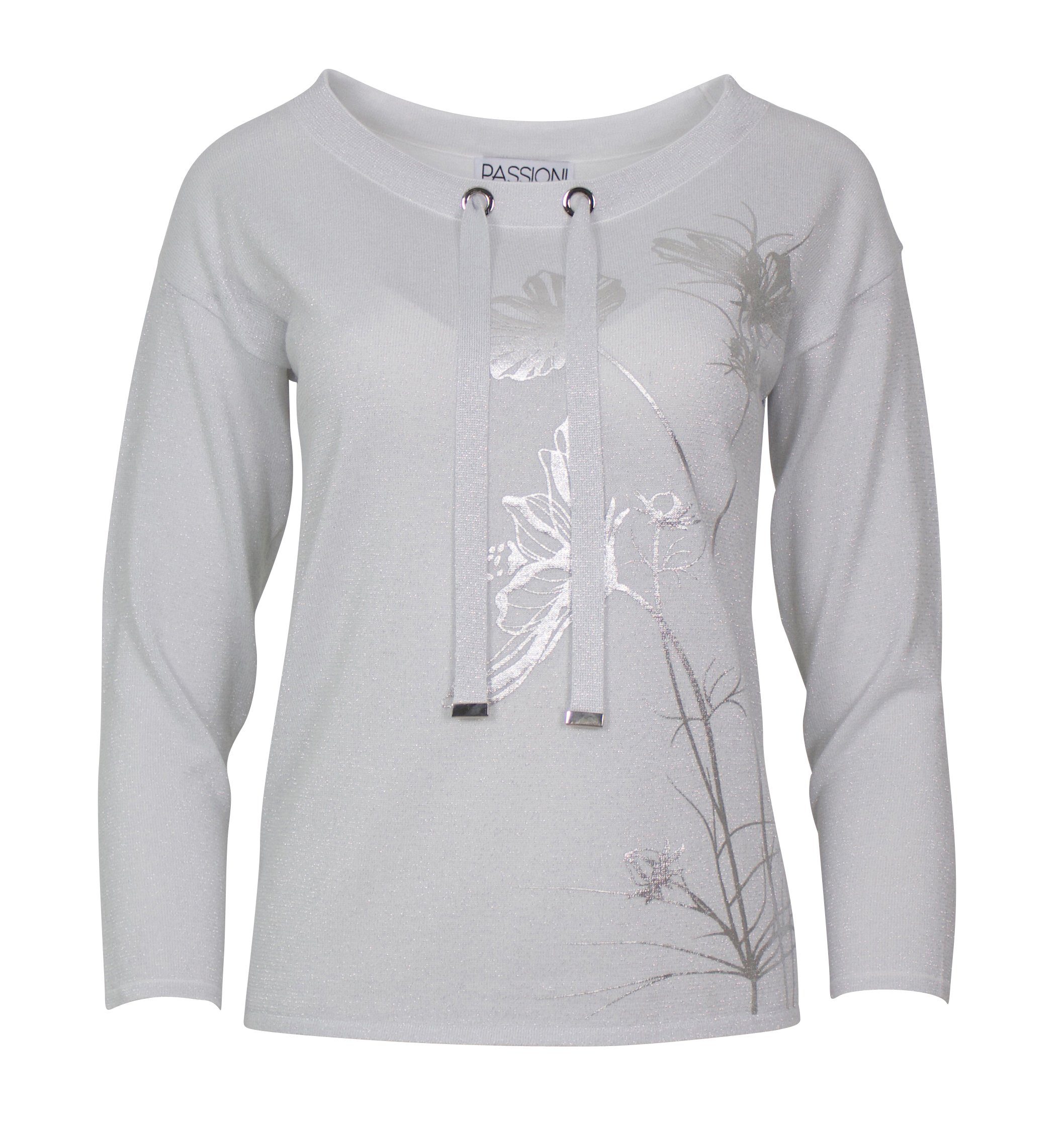 Passioni Langarmshirt Langarm-Shirt mit Silberdruck Silberdruck mit Glanz und
