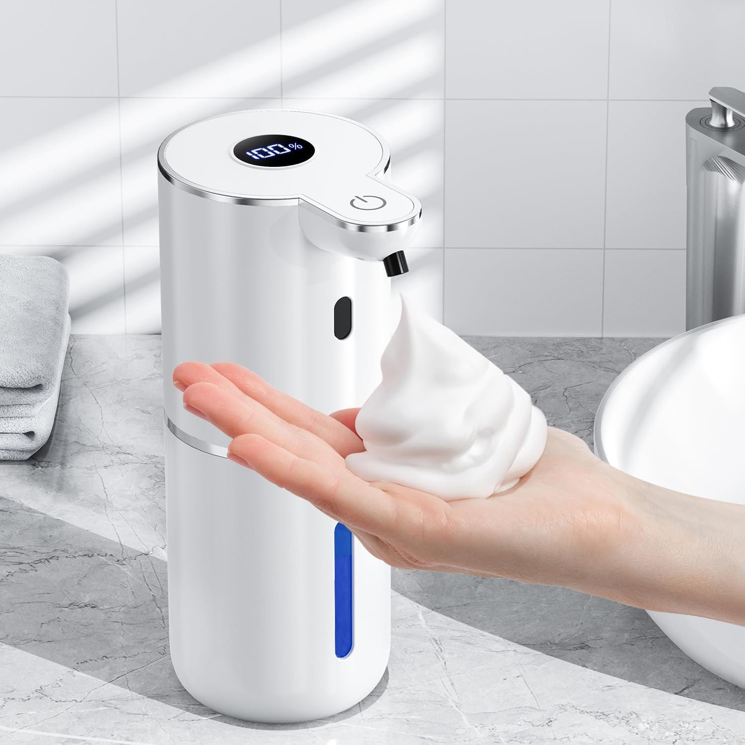 Forrlite Seifenspender Automatisch mit digitaler Anzeige, (380ml Elektrischer Seifenspender mit Sensor, Wandmontage, Berührungslos, USB Wiederaufladbar), IPX5 Wasserdicht Schaumseifenspender für Bad, Küche