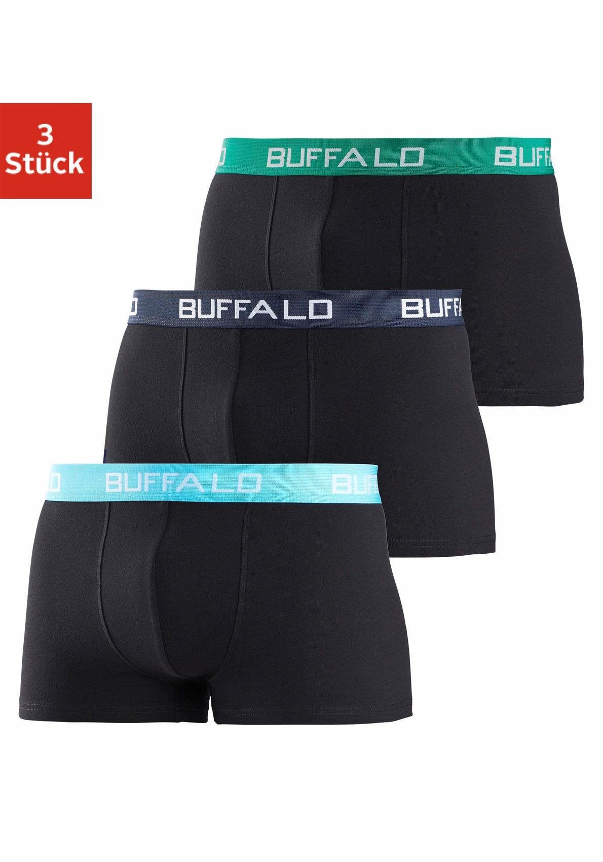 Buffalo Boxer (Packung, 3-St) schwarz-grün, Jungen kontrastfarbenem schwarz-türkis, mit schwarz-marine Bündchen für