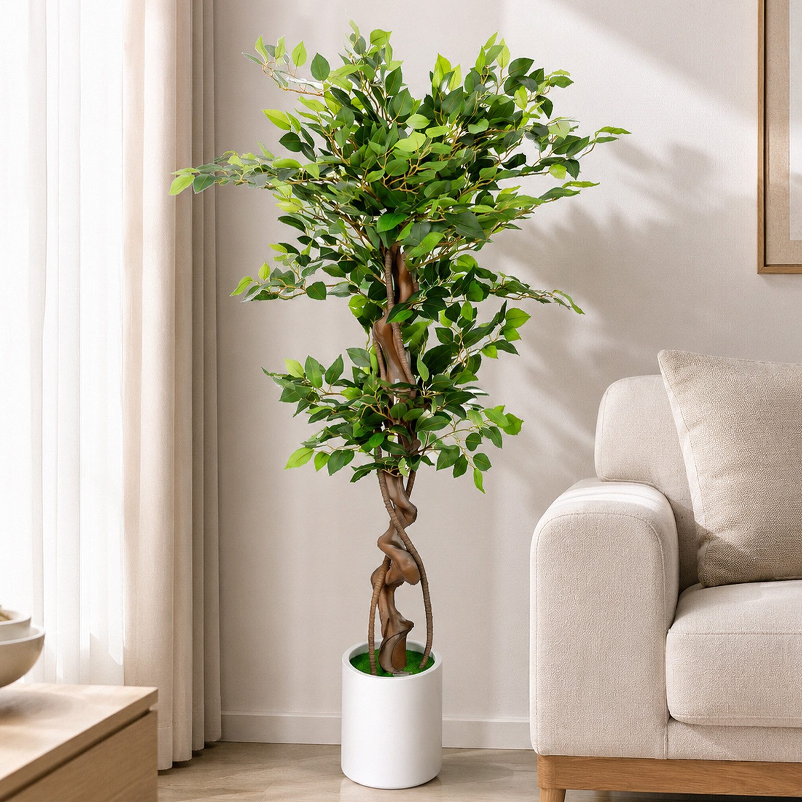 Kunstpflanze Künstlicher Banyanbaum Kunstpflanze mit Massivholzstamm, Topf, BlingBin, Höhe 120 cm, Kunstpflanze für Wohnzimmer Schlafzimmer Büro, Grün