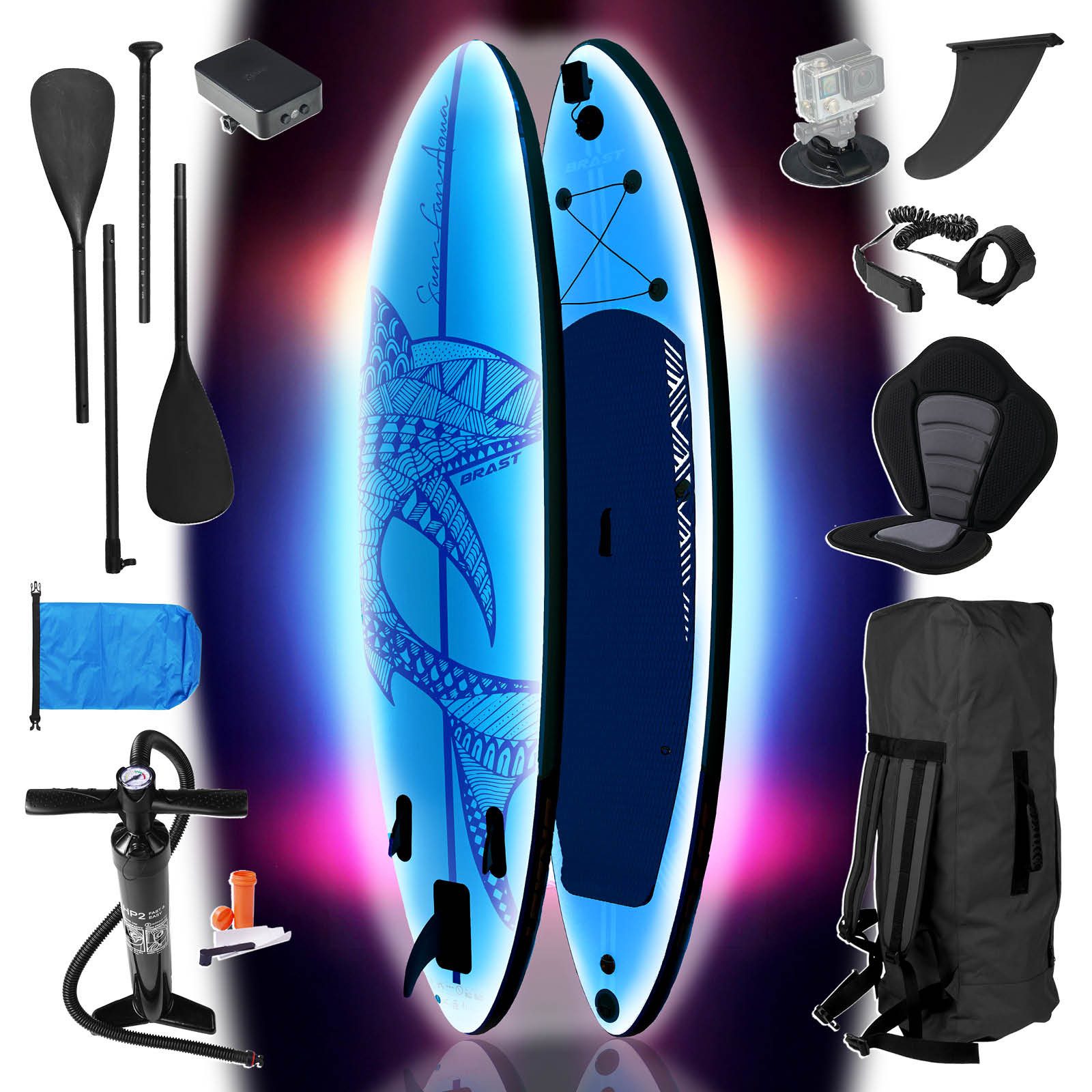 BRAST SUP-Board mit LEDs Aufblasbares Stand up Paddling Set - 320x81x15cm, 5 Jahre Garantie inkl. Sonderzubehör, (2in1 Paddel Kajak-Sitz Action-Cam-Halterung, Beleuchtung mit 10 Farben), Fußschlaufe Paddel Pumpe Rucksack