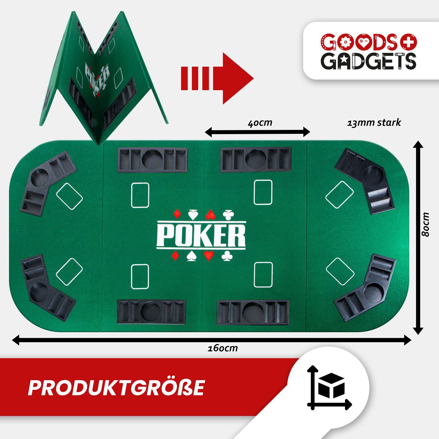 Goods+Gadgets Spiel Faltbare Poker Tischauflage 160x80 cm mit Chiptray & Getränkehalter, Poker-Tisch-Auflage, Casinotisch