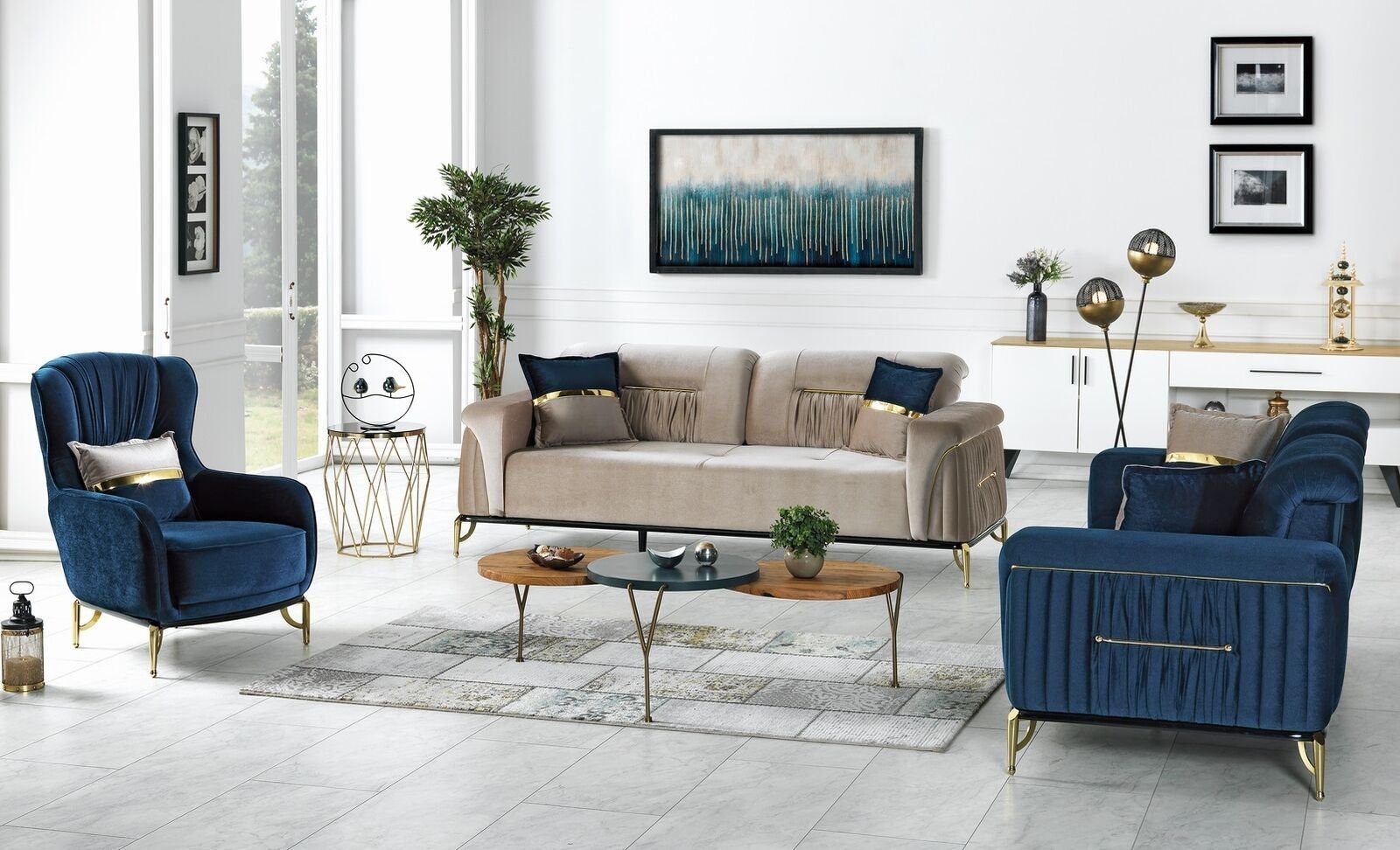 JVmoebel Wohnzimmer-Set Designer Sofagarnitur 3+3+1 Sitzer Couch Polster Sitzgarnitur Set Neu, (3-St., 2x Sofa 3 Sitzer + 1x Sessel), Made in Europa