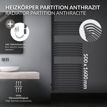 LuxeBath Elektrischer Badheizkörper Designheizkörper Handtuchheizkörper Handtuchtrockner, Anthrazit 500x1600mm mit Montage-Set