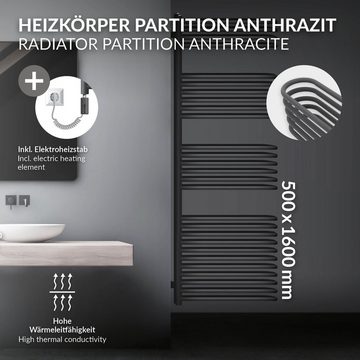 LuxeBath Badheizkörper Designheizkörper Handtuchheizkörper Handtuchtrockner, Anthrazit 500x1600mm mit Montage-Set