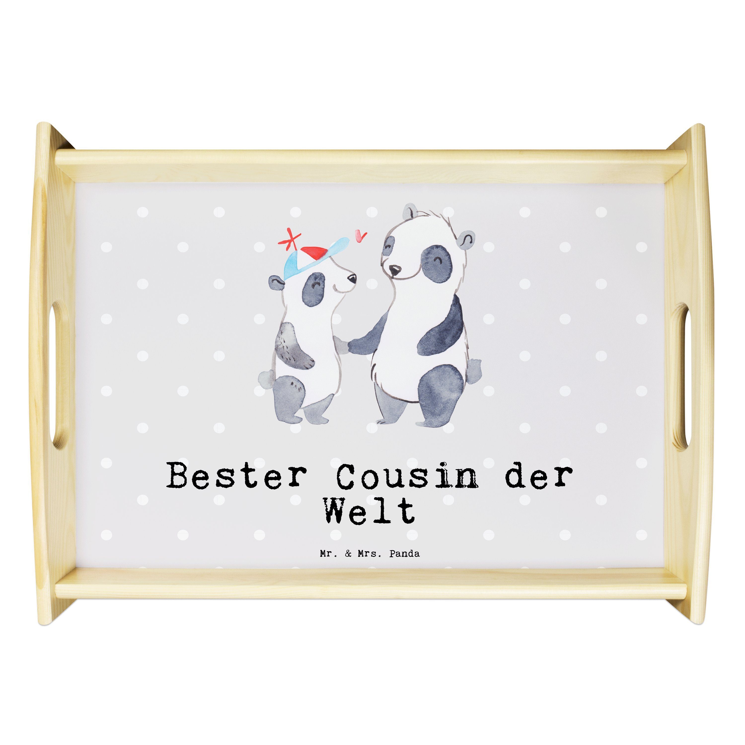 Mr. & Mrs. Panda Tablett Panda Bester Cousin der Welt - Grau Pastell - Geschenk, Dankeschön, G, Echtholz lasiert, (1-tlg)