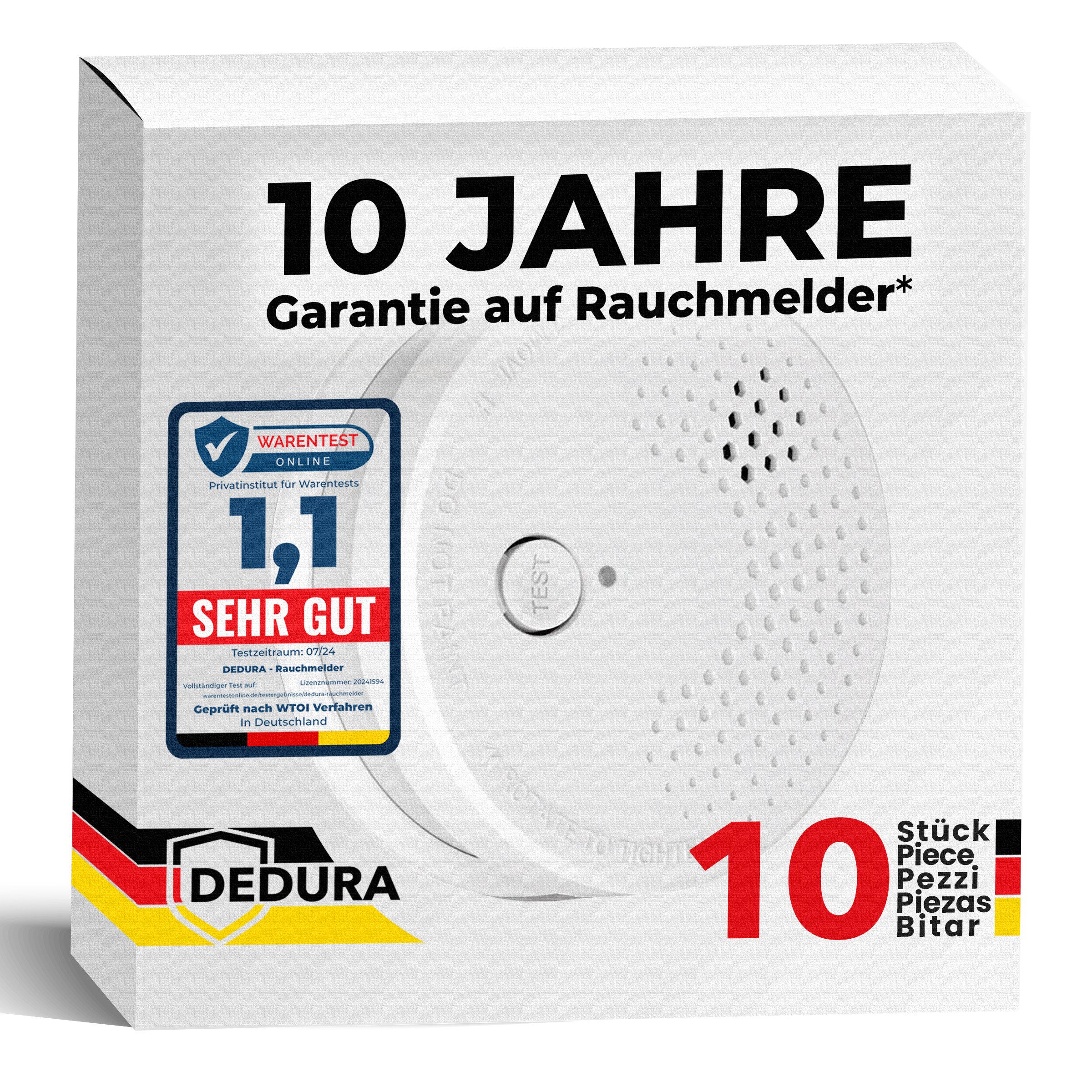 dedura Rauchmelder (10 Jahre Garantie BSI Zertifiziert nach DIN EN14604 inkl. 9V Batterie)