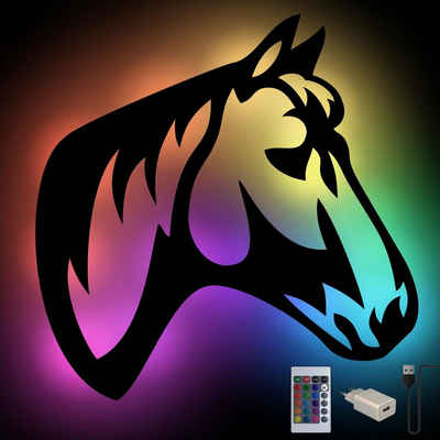 Namofactur LED Dekolicht Pferd RGB Nachtlicht, Pferdekopf Holz Wandlampe Kinderzimmer, LED fest integriert, Farbwechsler