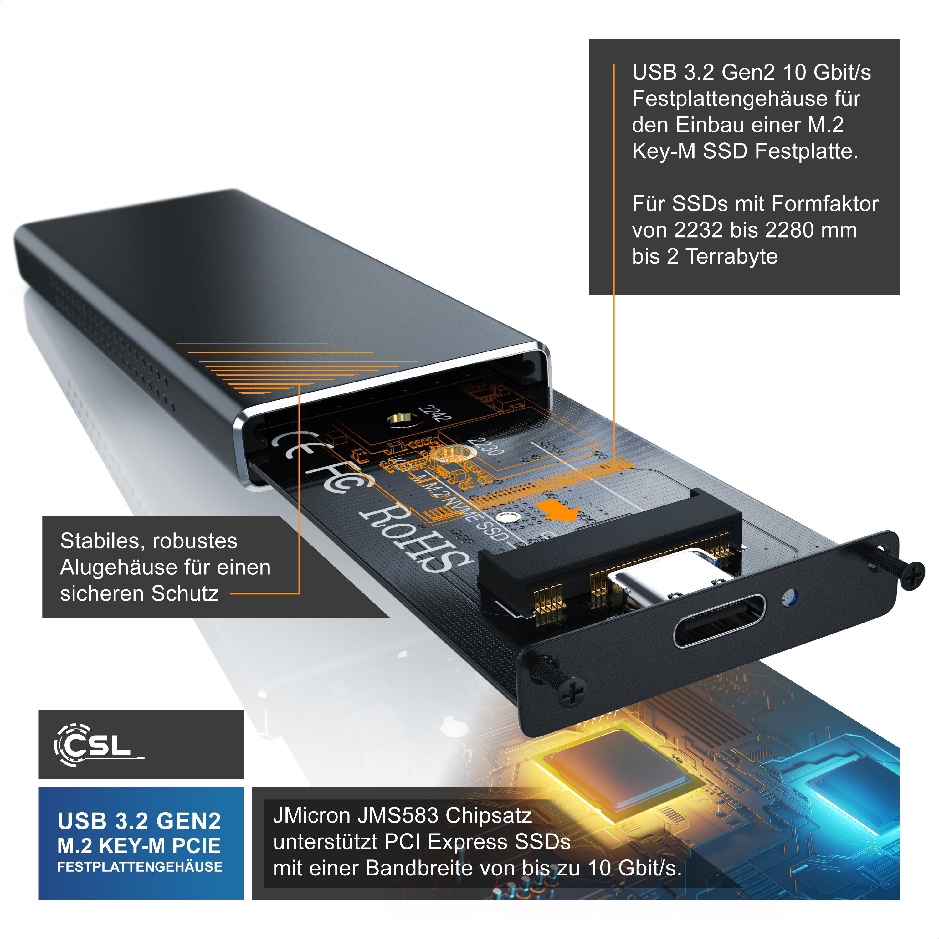 CSL Festplatten-Gehäuse für NVME M.2 SSDs, USB 3.2 Gen2 Festplattengehäuse aus Aluminium, M.2 Key-M PCIe extern, unterstützt UASP, Plug & Play, Typ C auf Typ A
