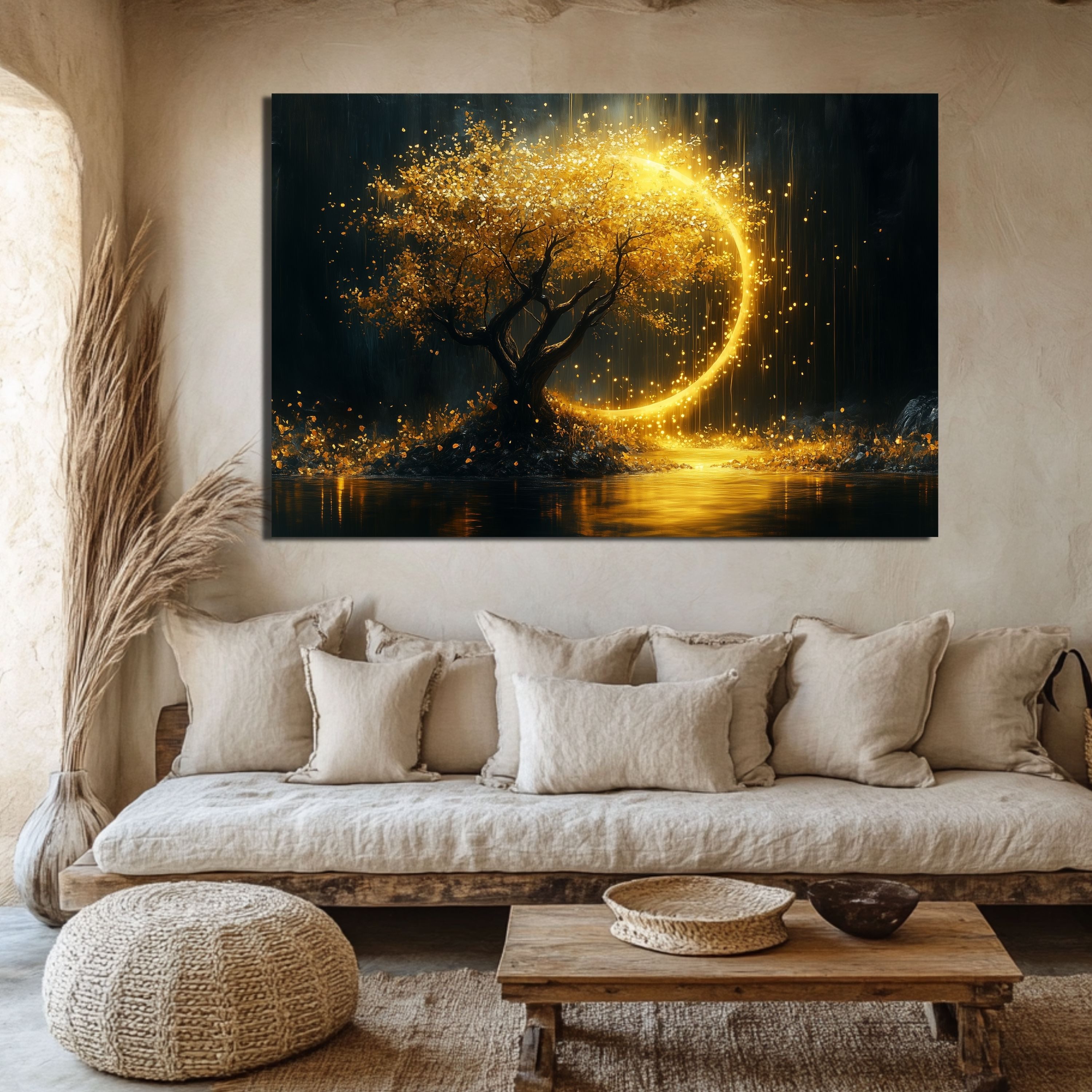 DARO Design Leinwandbild Modern Abstrakt Wandbilder XXL Wandbild Wand Deko Leinwand Bilder, (Bäume mit goldenem Mond - Bild groß Wohnzimmer Schlafzimmer Küche E – Bild 3 von 5