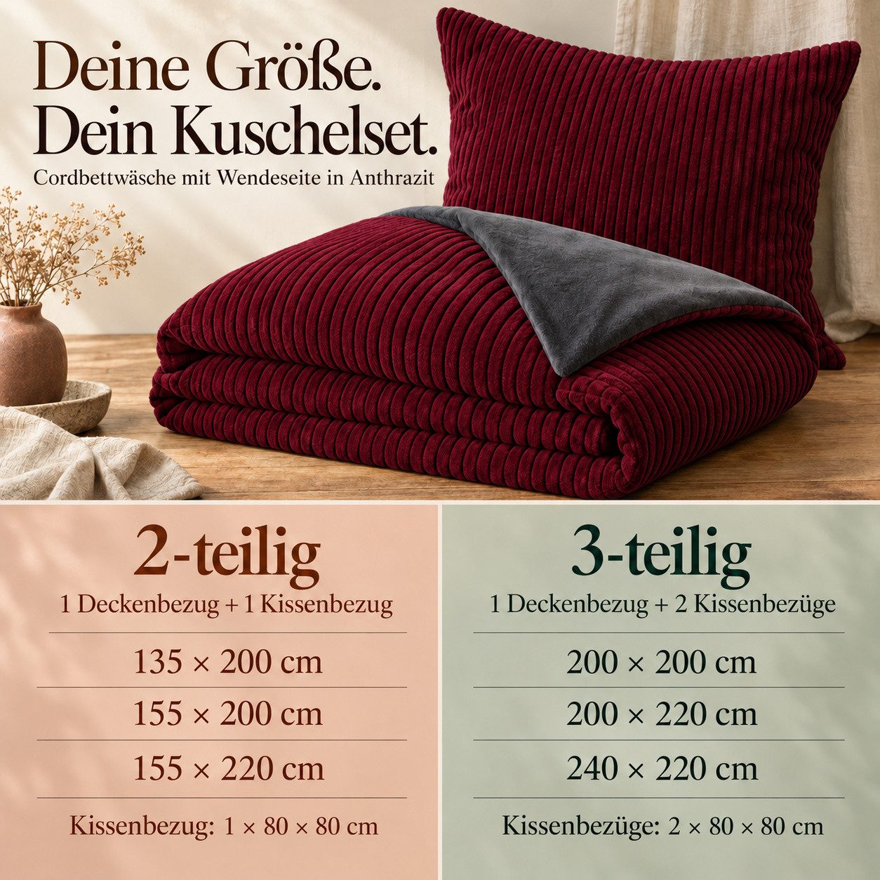 Leonado Vicenti Bettwäsche CORD Optik, Teddy Plüsch, Cashmere Touch, Fleece, 3 teilig, Winter, Wendeseite Anthrazit, flauschig, warm, Nicky-Plüsch – Bild 5 von 5