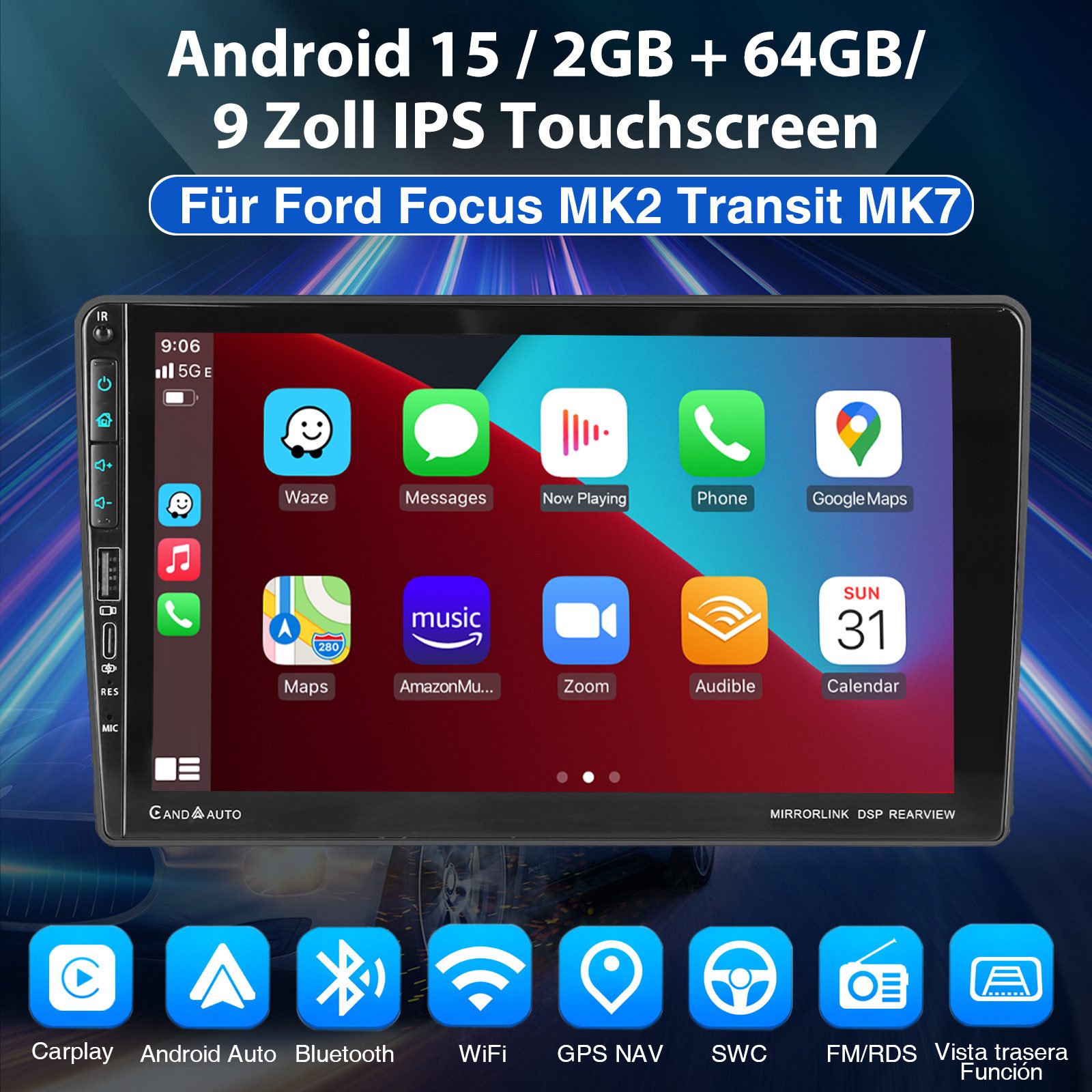 ESSGOO DAB+ Android 15 Autoradio Für Ford S-Max/Fiesta/Focus Carplay Mit USB Navigationsgerät (Carplay Android Auto Bluetooth EQ USB GPS Navi WIFI Touchscreen)
