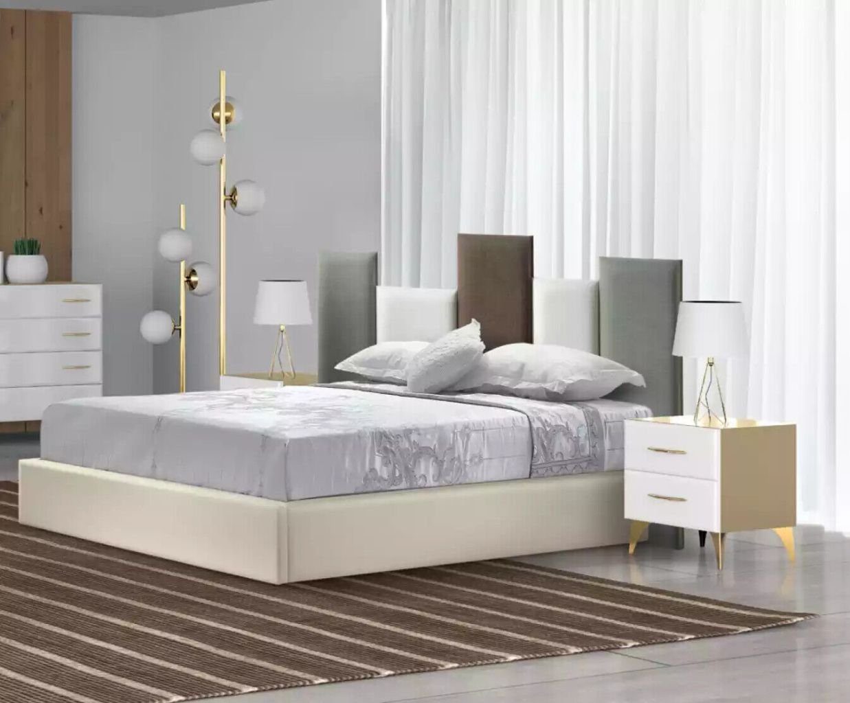 JVmoebel Schlafzimmer-Set Schlafzimmer Set Bett 2x Nachttisch Holz weiß komplett 3tlg, (3-St., 1x Bett + 2x Nachttische), Made in Italy