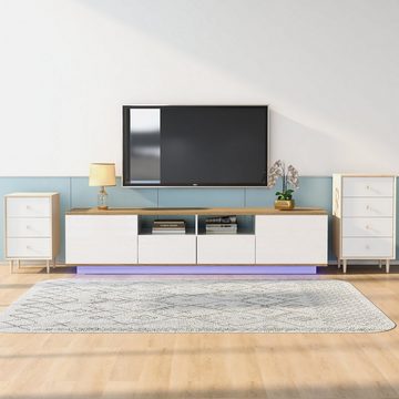 OKWISH Lowboard TV-Board mit LED-Beleuchtung (Fernsehschrank mit großem Stauraum, TV Board), mit 2 Türen und 2 Schubladen