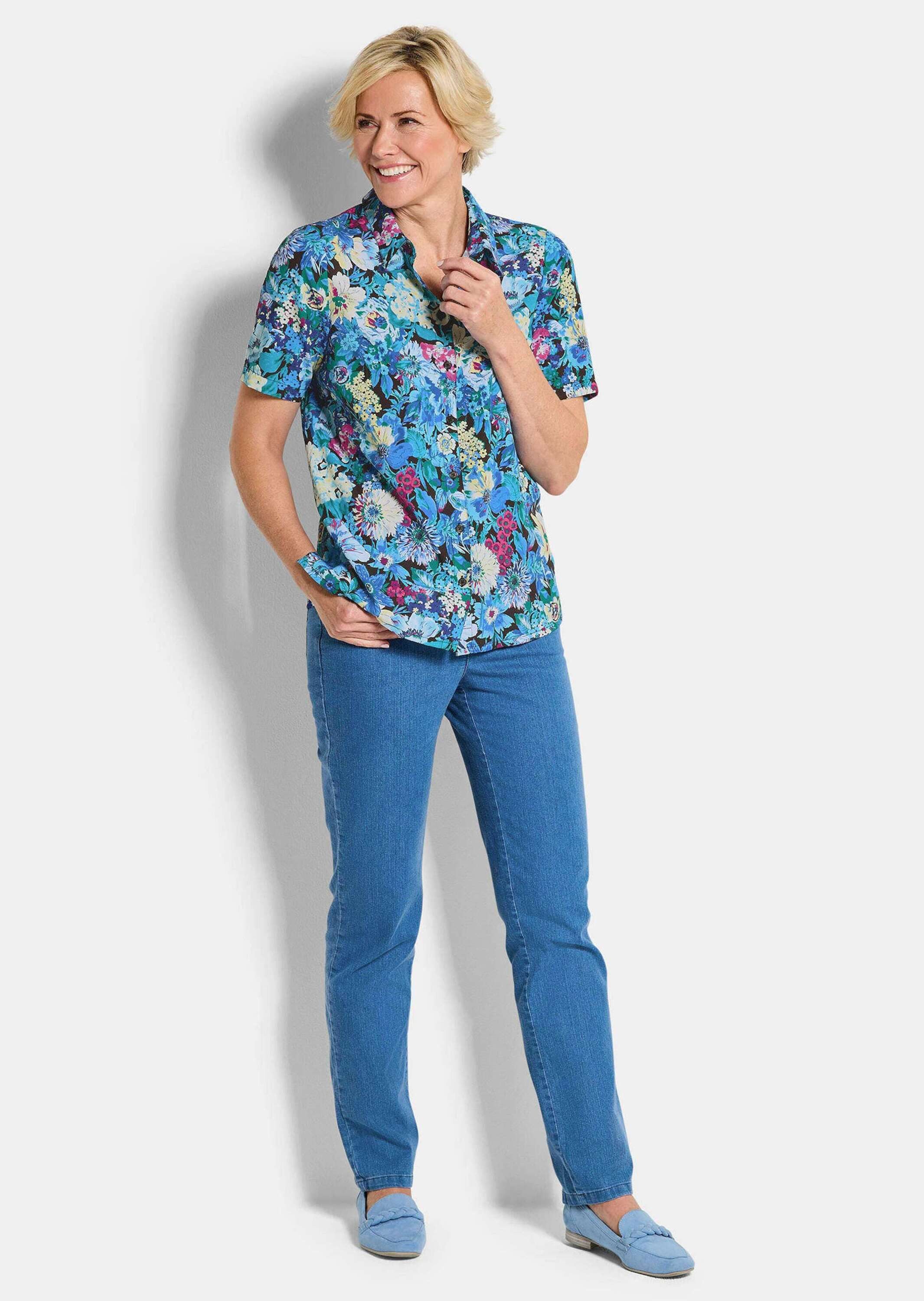 GOLDNER Hemdbluse Blusenshirt mit floralem Print Druckbluse mit Hemdkragen, Knopfleiste und Halbarm