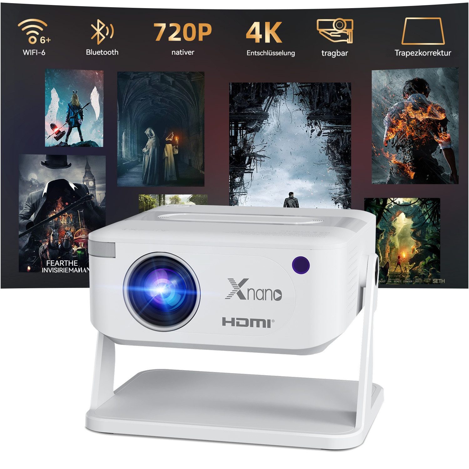 XNANO HA109 Projektor, Android 11, 130 ANSI, HD 1280*720P, WiFi 6, BT5.4 LCD-Beamer (130 lm, 10000:1, 4K (decoding support, 720P native) px, Auto-Keystone)