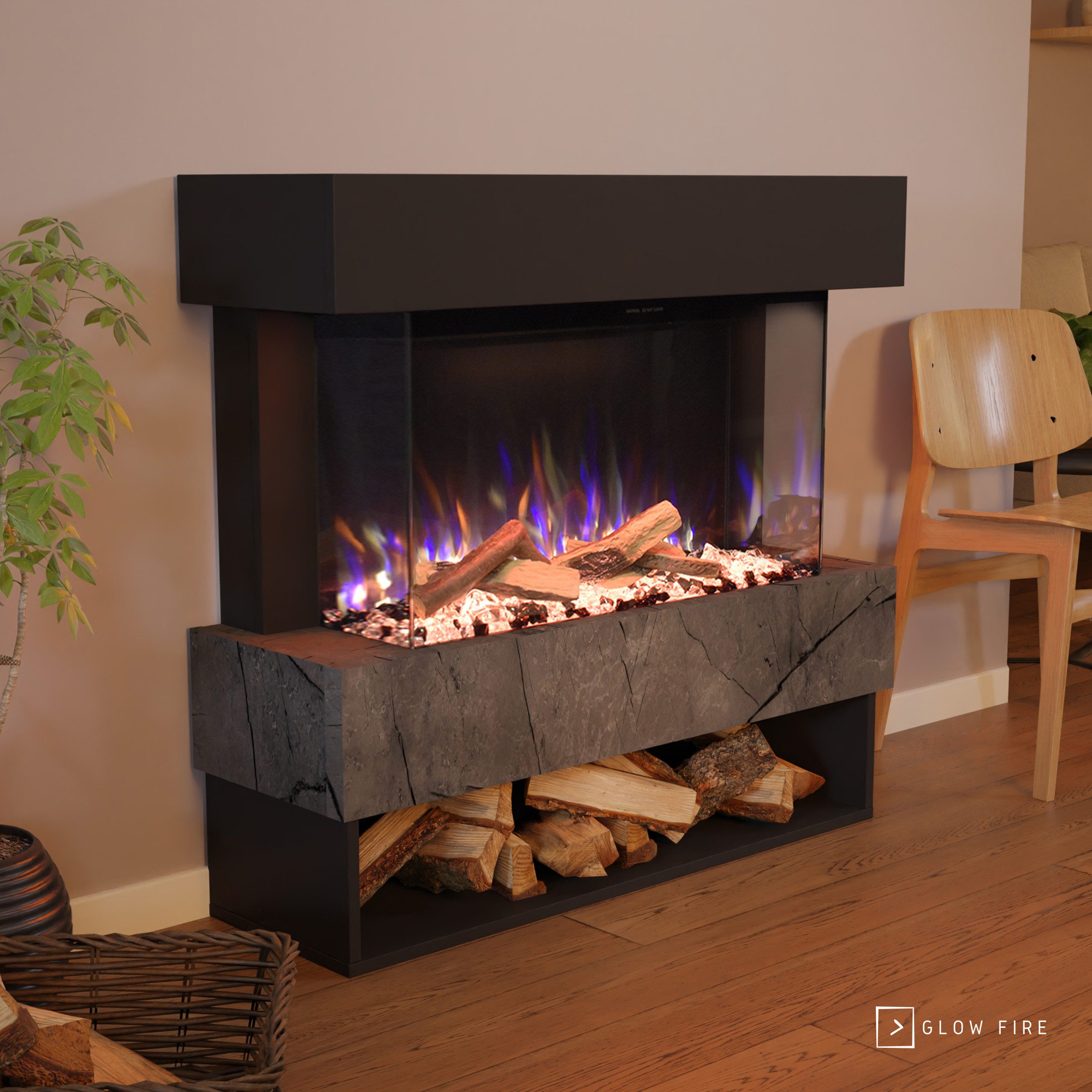 GLOW FIRE Elektrokamin PR5 E-Motion 3D, Elektrischer Kamin mit 3D Feuer mit Heizung, täuschend echte Flamme mit Heizung, 3 Dekorationen