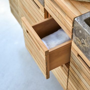 Tikamoon Waschtisch Slats Badezimmermöbel aus massivem Teakholz und Marmor 150 cm