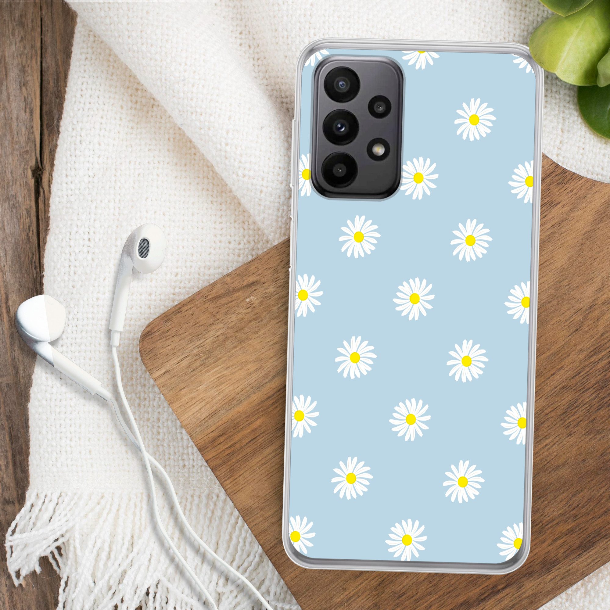 MuchoWow Handyhülle für Samsung Galaxy A23 5G Gänseblümchen - Pastell - Weiß - Blau - Blum, Smartphone-Bumper, Print, Handy Schutzhülle Dünn