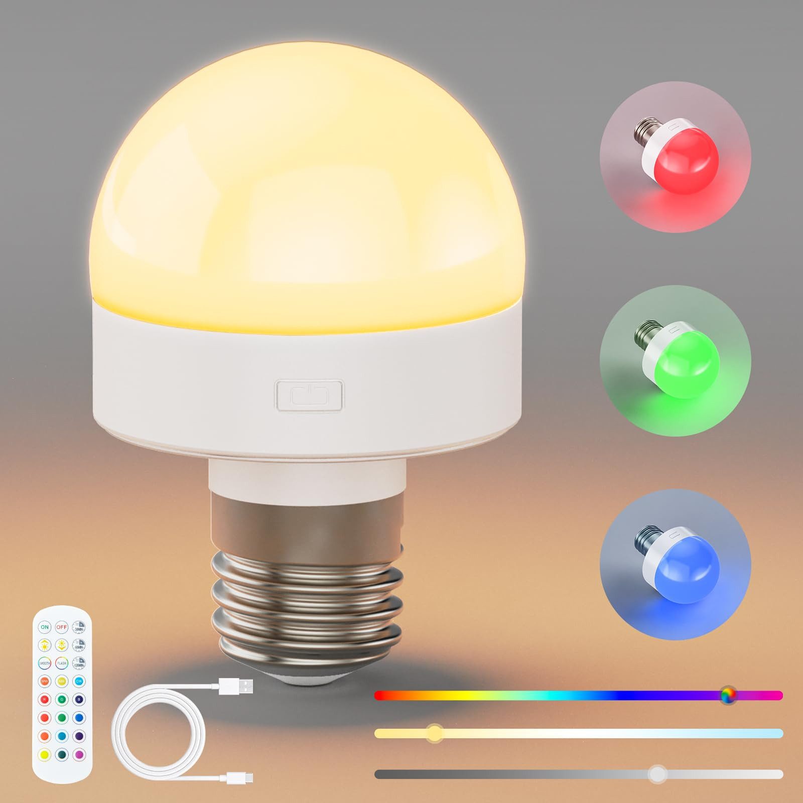 MUPOO LED-Leuchtmittel Glühbirne mit Fernbedienung,4w, E27, E26, 1 St., 15 Farbtemperaturen,USB/Batteriebetriebene,Timer,IP44
