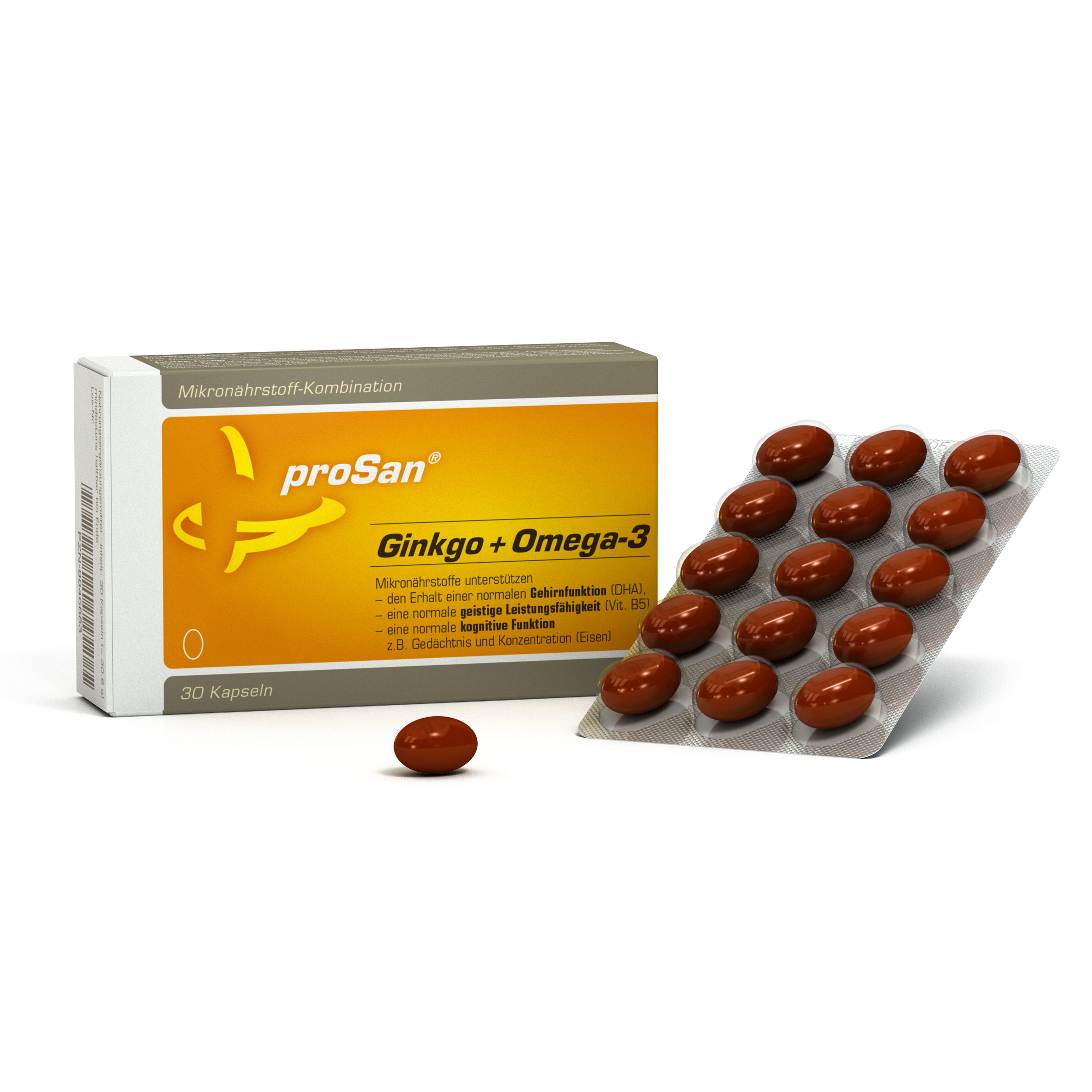 proSan Ginkgo+Omega-3 Kapseln, Gedächtniskapseln bei Vergesslichkeit, Kapseln, 30 St., 31 g