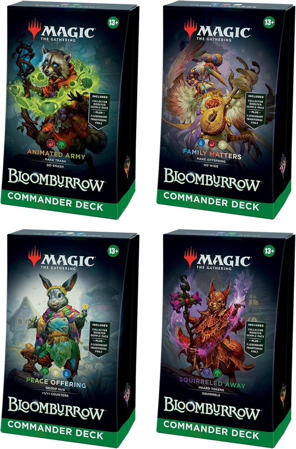 Magic the Gathering Sammelkarte Bloomburrow Commander Deck Set Englisch, Includes Animated Army, Family Matters, Peace Offering, Squirreled