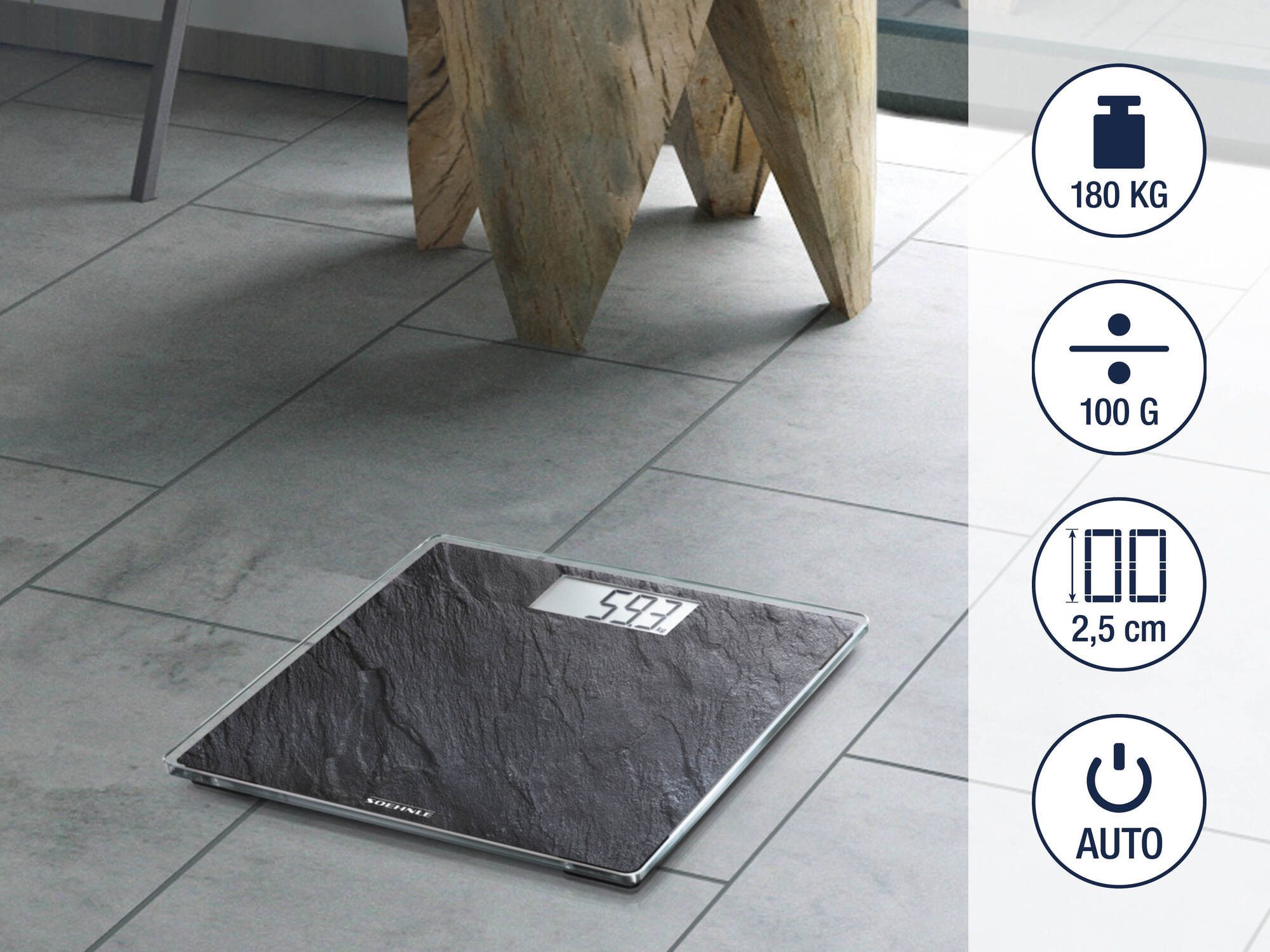 Soehnle Personenwaage Style Sense Compact 300 Slate, 1-tlg., LCD-Anzeige, flaches Design, bis 180kg, kg/lb/st, inkl. Batterien – Bild 3 von 5
