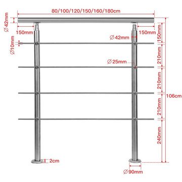 Randaco Treppengeländer Edelstahl Handlauf 80-180cm Geländer 0-5 Querstab Bausatz Aufmontage, 120 cm Länge, mit 4 Pfosten, für Brüstung Balkon Garten