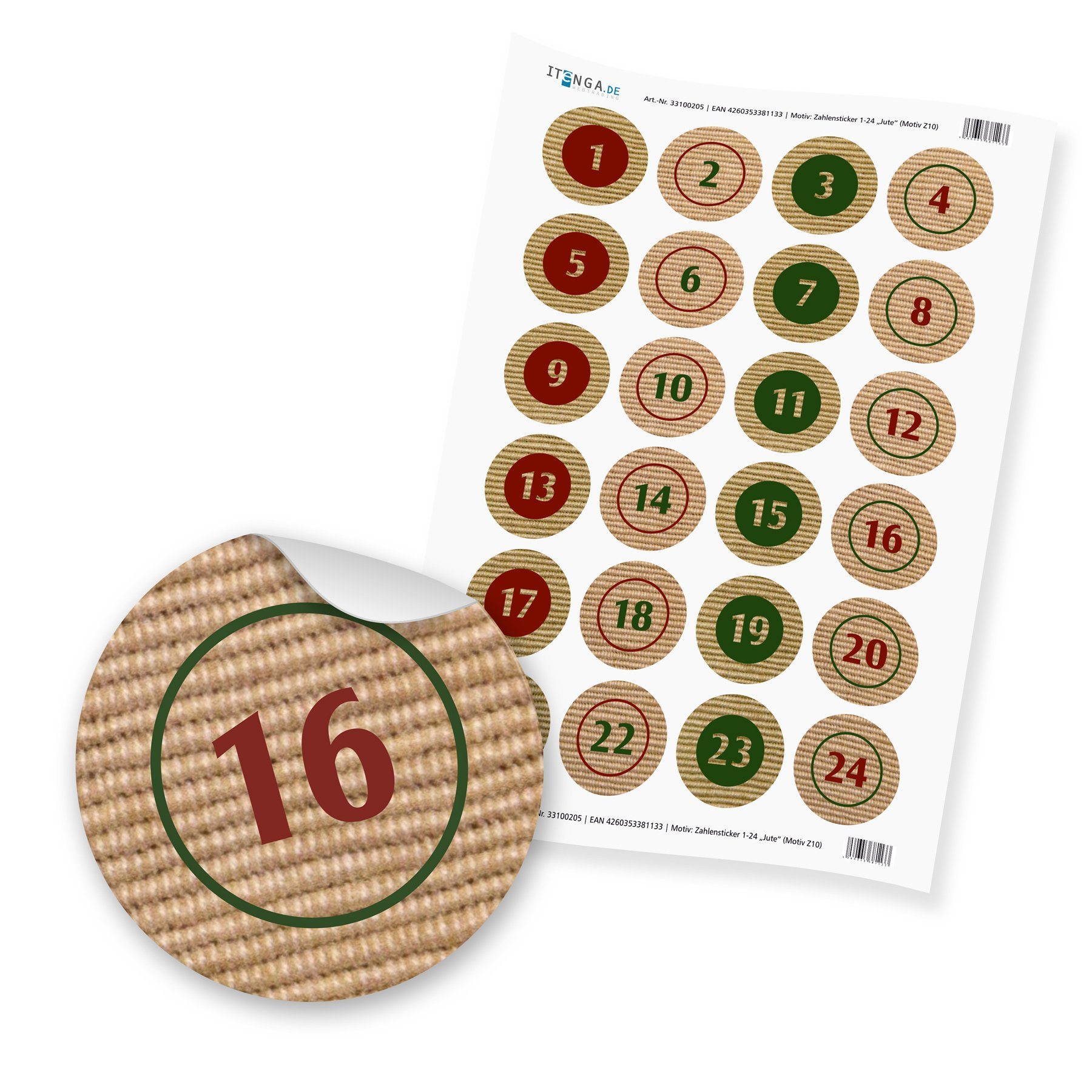 Set Sticker Jute 10 befüllbarer - Set Design Adventskalender Basteladventskalender itenga