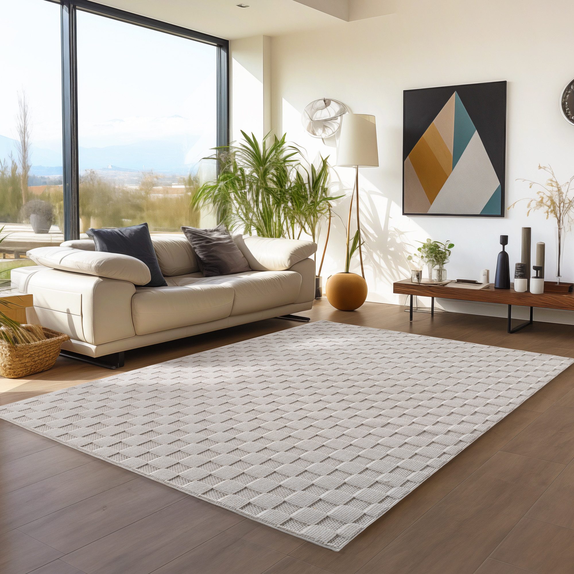 Teppium Teppich Bouclé-Teppich im skandinavischen Stil mit Karomuster, Rechteckig, Höhe: 20 mm, Kurzflor Schlingen Teppich Creme Boucle-Loop Wohnzimmer Teppich