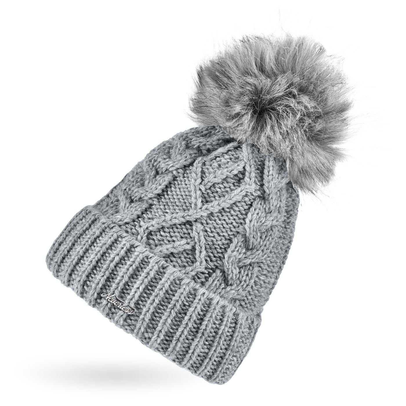 Bommelmütze Damen Strick-Mütze mit Innenfutter Fleece Fell-Bommel Kunstfell