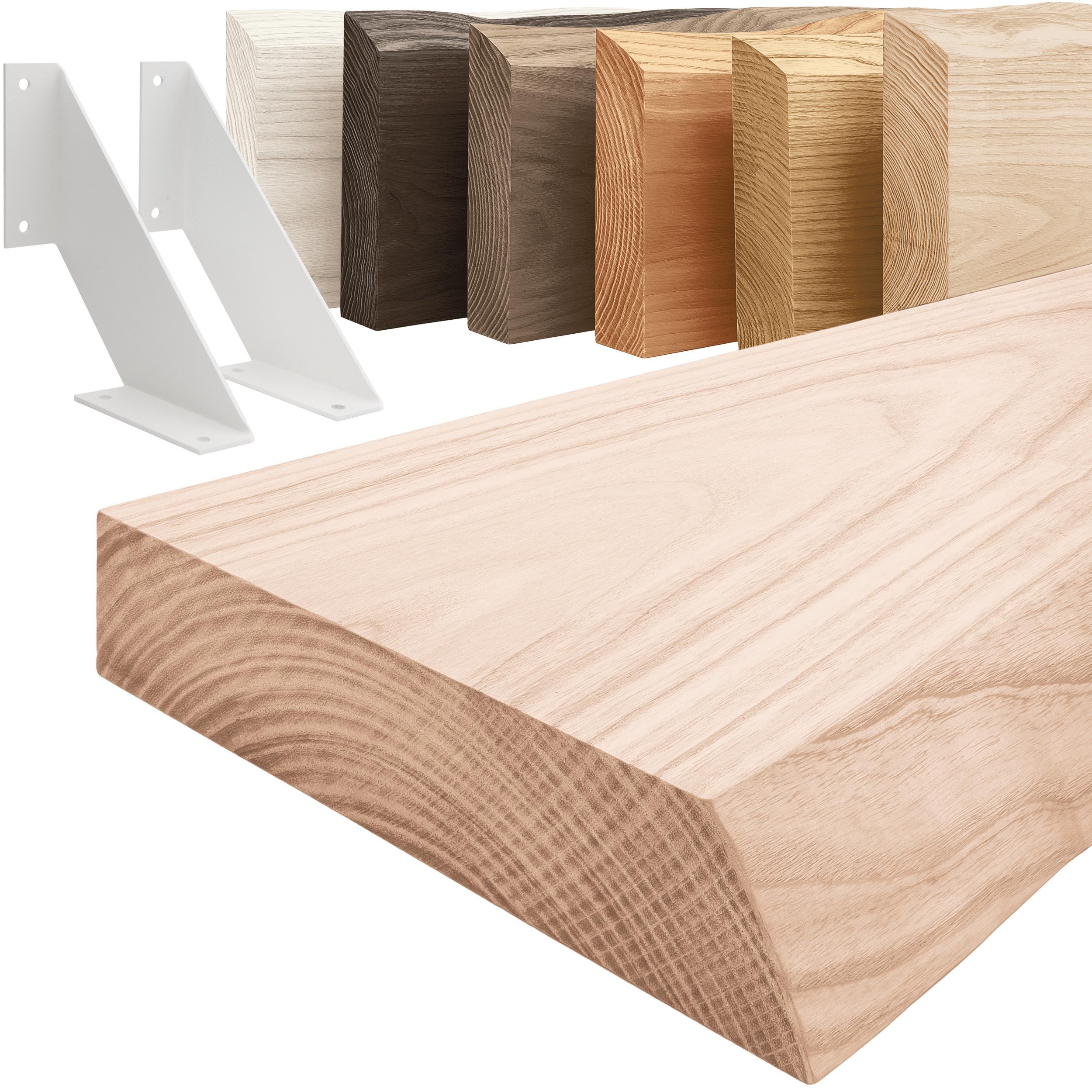 LAMO Manufaktur Wandregal Holz Baumkante Regal Farbe: Roh mit weißem Vintage Regalträger 40 cm, Komplett-Set, 40mm stake Massivholzplatte