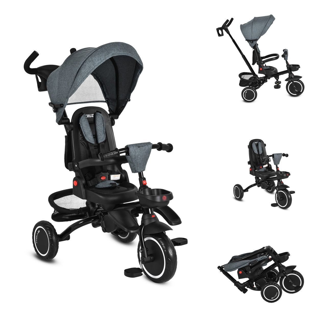 Byox Dreirad Dreirad Cruz EVA-Reifen, klappbar Körbe 360 drehbar Getränkehalter Fußstütze