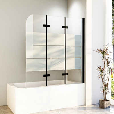 Hopibath Duschwand für Badewanne Glas Badewannenaufsatz milchglas, 6mm Sicherheitsglas, (3 teilig schwarz faltbar, 140x140, 130x140, 120x140cm), komplett klappbar, Verstellber Aluprofile