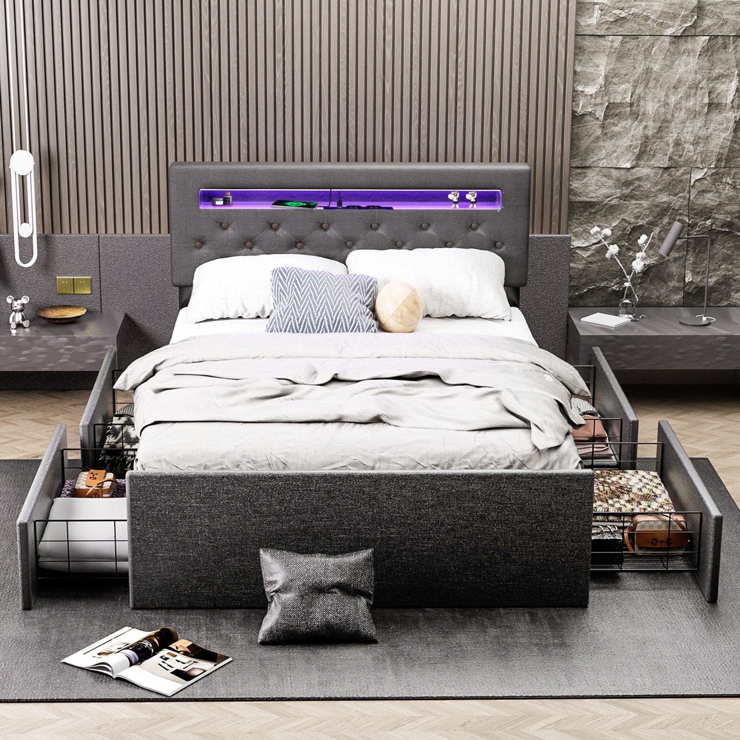 OULENBIYAR Polsterbett LED Doppelbett 140x200cm, Stauraumbett günstig online kaufen