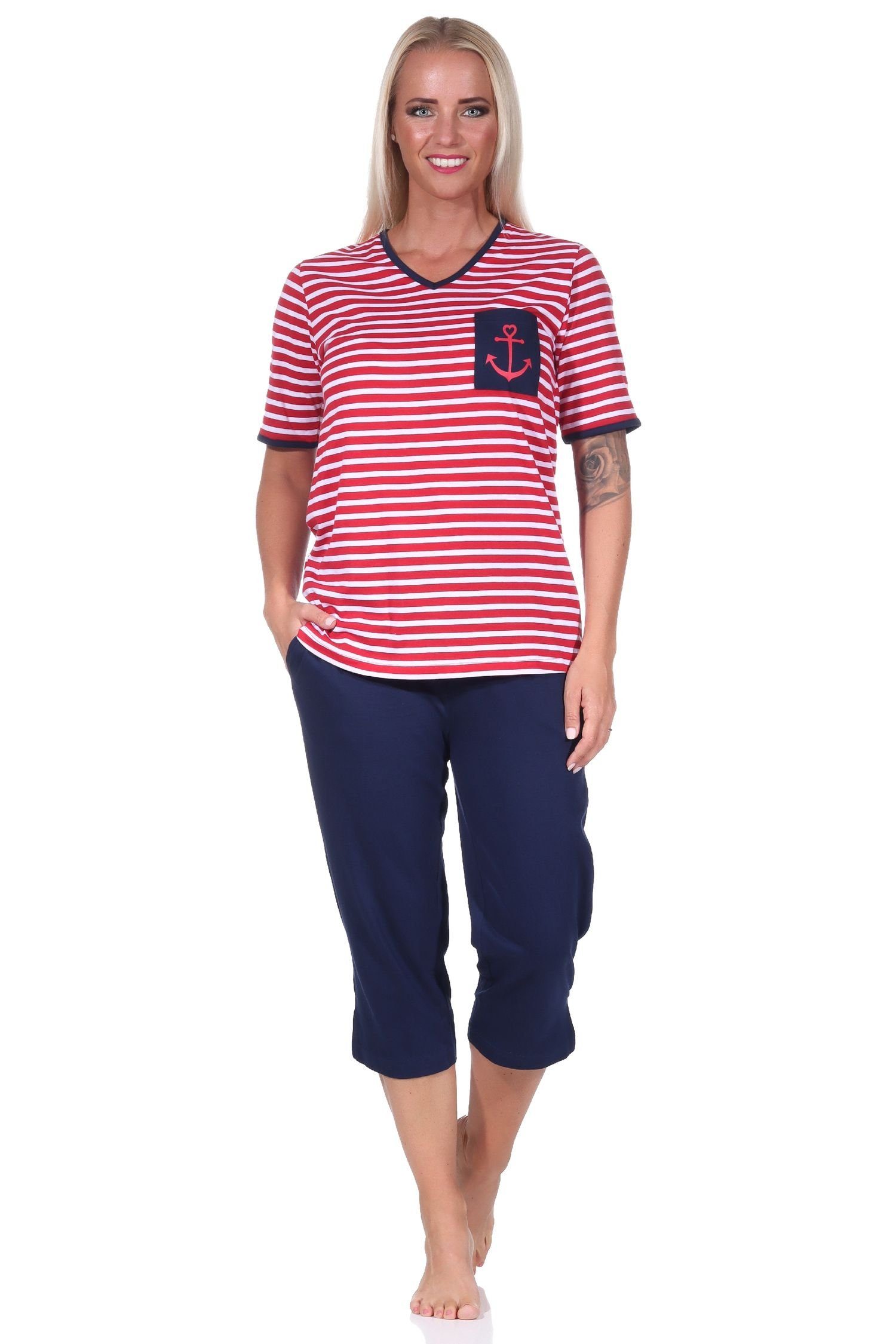Oberteil Normann Schlafanzug, Capri Motiv kurzarm Maritimer Anker Pyjama rot Damen mit