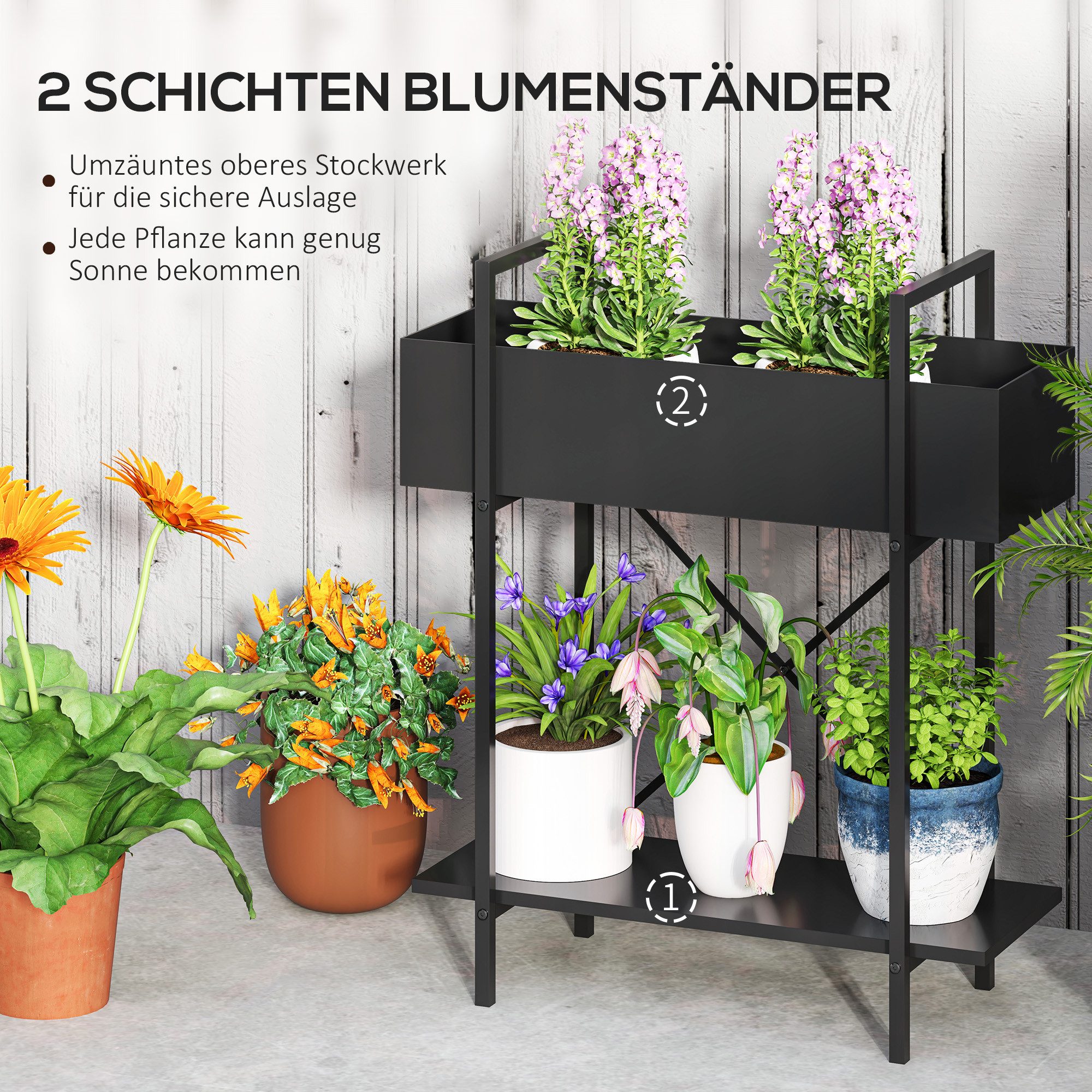Outsunny Pflanzentreppe Pflanzenregal, mehrstöckig Blumenregal für Innen Außen (2-Etagen Pflanzenständer, 1 St., Blumenständer), für Wohnzimmer, Garten Balkon D – Bild 4 von 5