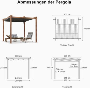 PURPLE LEAF Pergola ZYOT06-YMPG-10Pergola mit Schiebedach, Pergola mit Markisenschutz, UV Beschattung, Holzoptik, Pergola 300 x 300 cm Aluminium