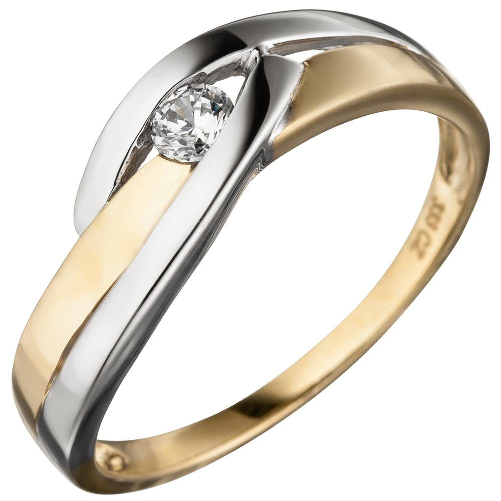 Schmuck Krone Fingerring Ring Damenring mit Zirkonia weiß 333 Gold Gelbgold teilrhodiniert bicolor, Gold 333