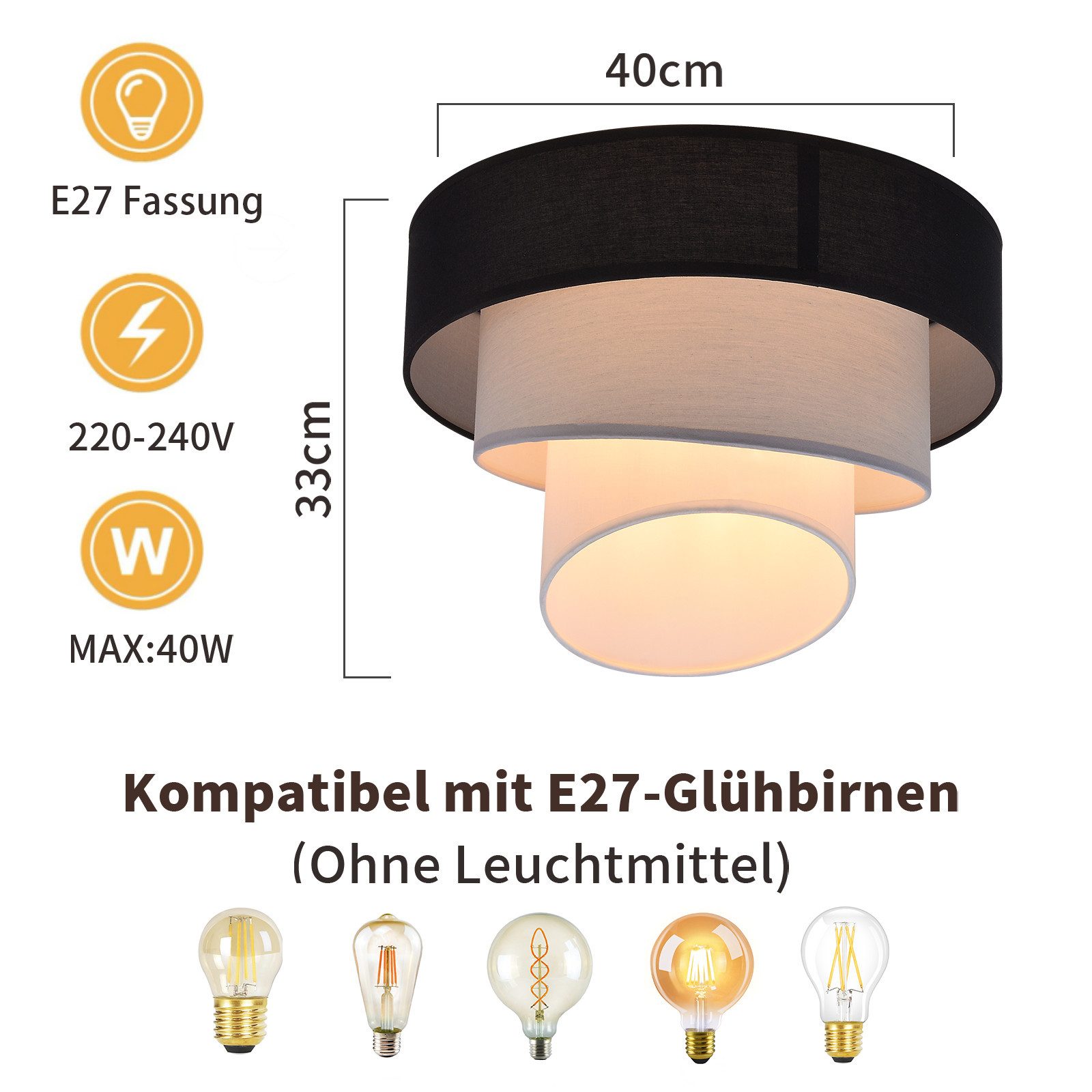 ZMH LED Deckenleuchte Wohnzimmer Ø40cm Modern Stoffschirm Schwarz Deckenlam günstig online kaufen