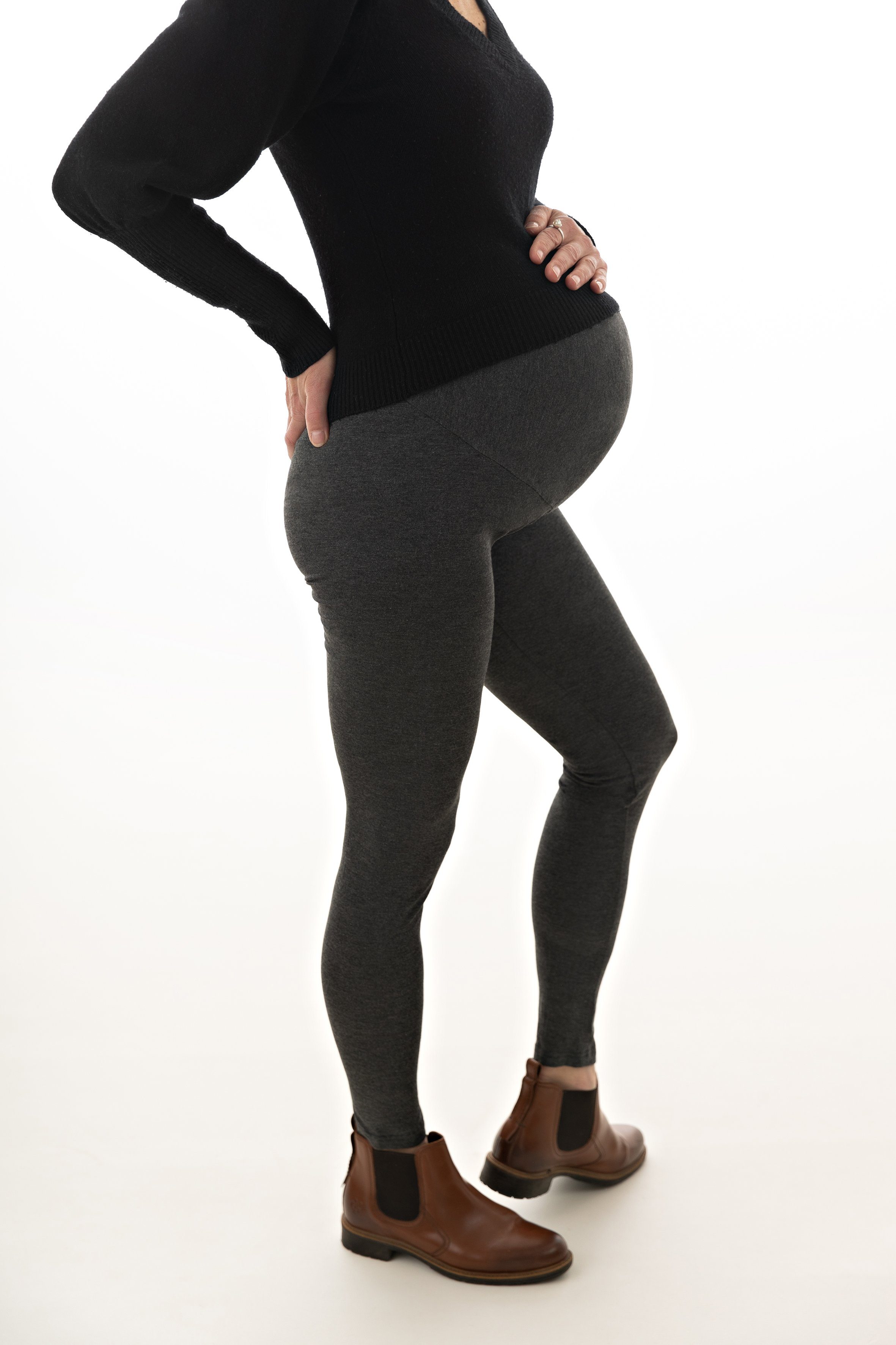 mit langes (2er Bund, Mitwachsen) Schwangerschaftshosen, zum lang Gummibund Set, elastischem petit Umstandsleggings Schwarz-Dunkelgrau Pack amour JULIA 2-tlg., integriertem 2 Bein mit