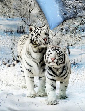 Bettwäsche Schnee Tiger Raubkatze Winter Schnee Kaeppel, JACK, Mako-Satin, 2 teilig, hochwertiger Digitaldruck, elegantes Schneetigermotiv, Baumwolle