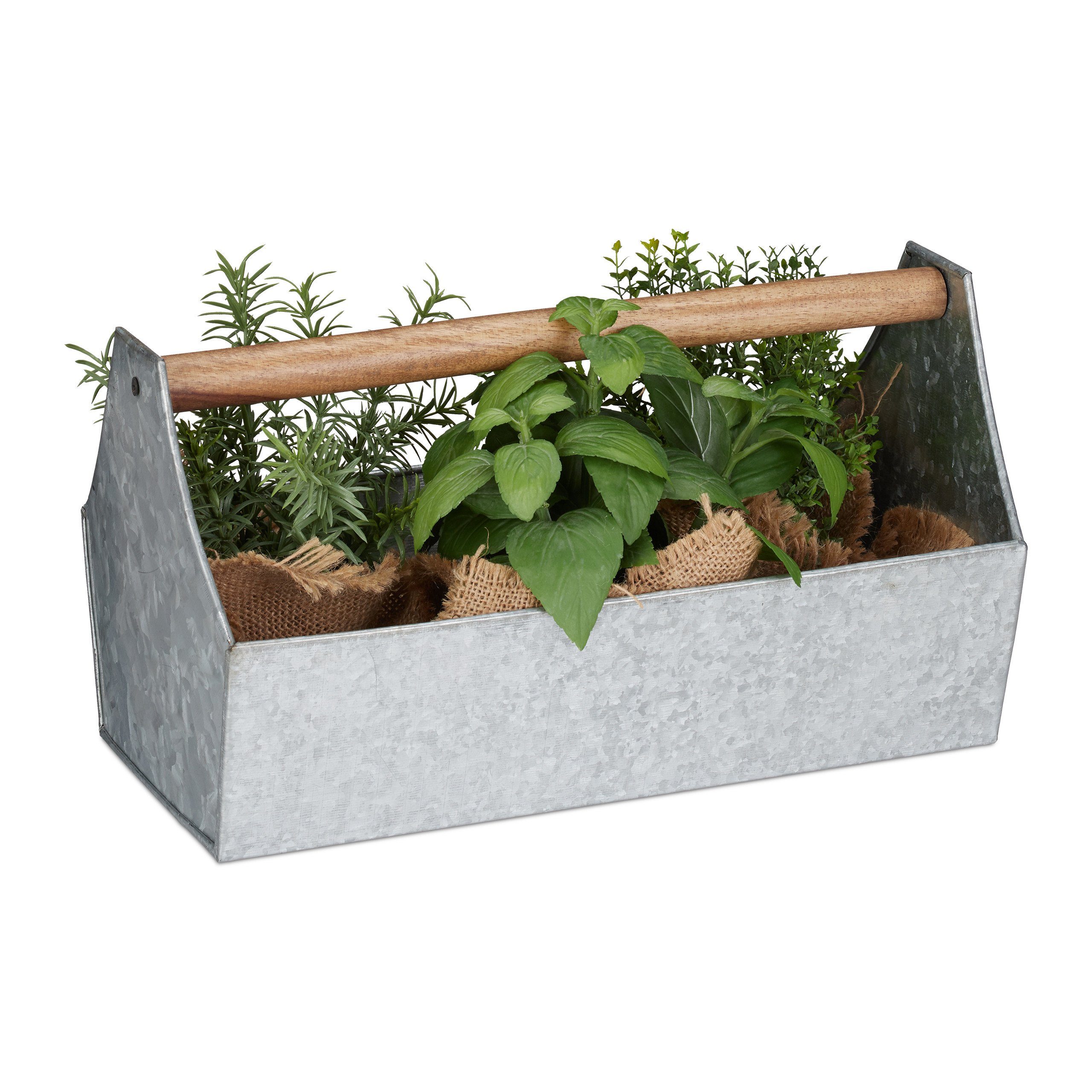 relaxdays Blumenkasten mit Holzgriff, silber