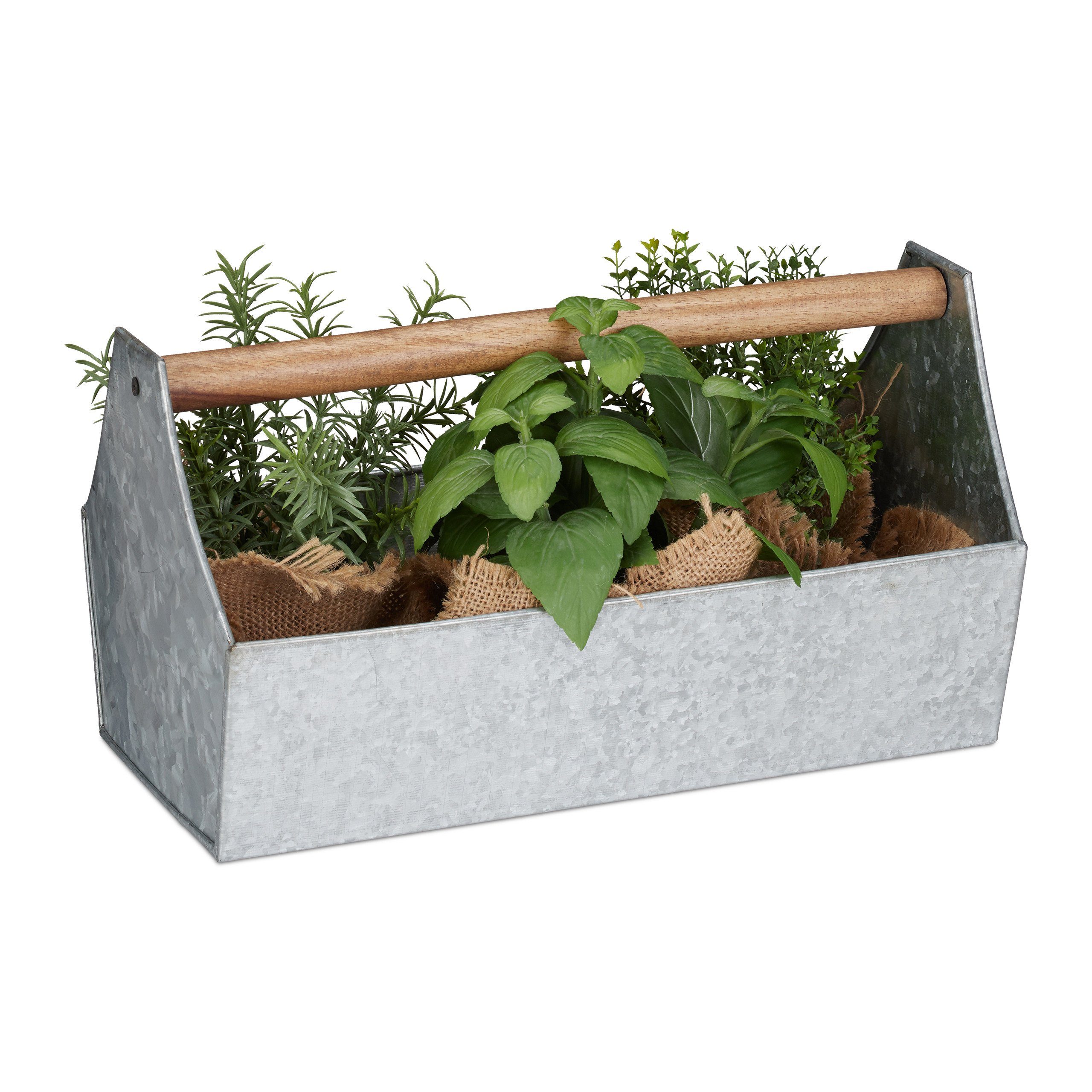 Blumenkasten Holzgriff, Silber Silber mit Braun Blumenkasten relaxdays