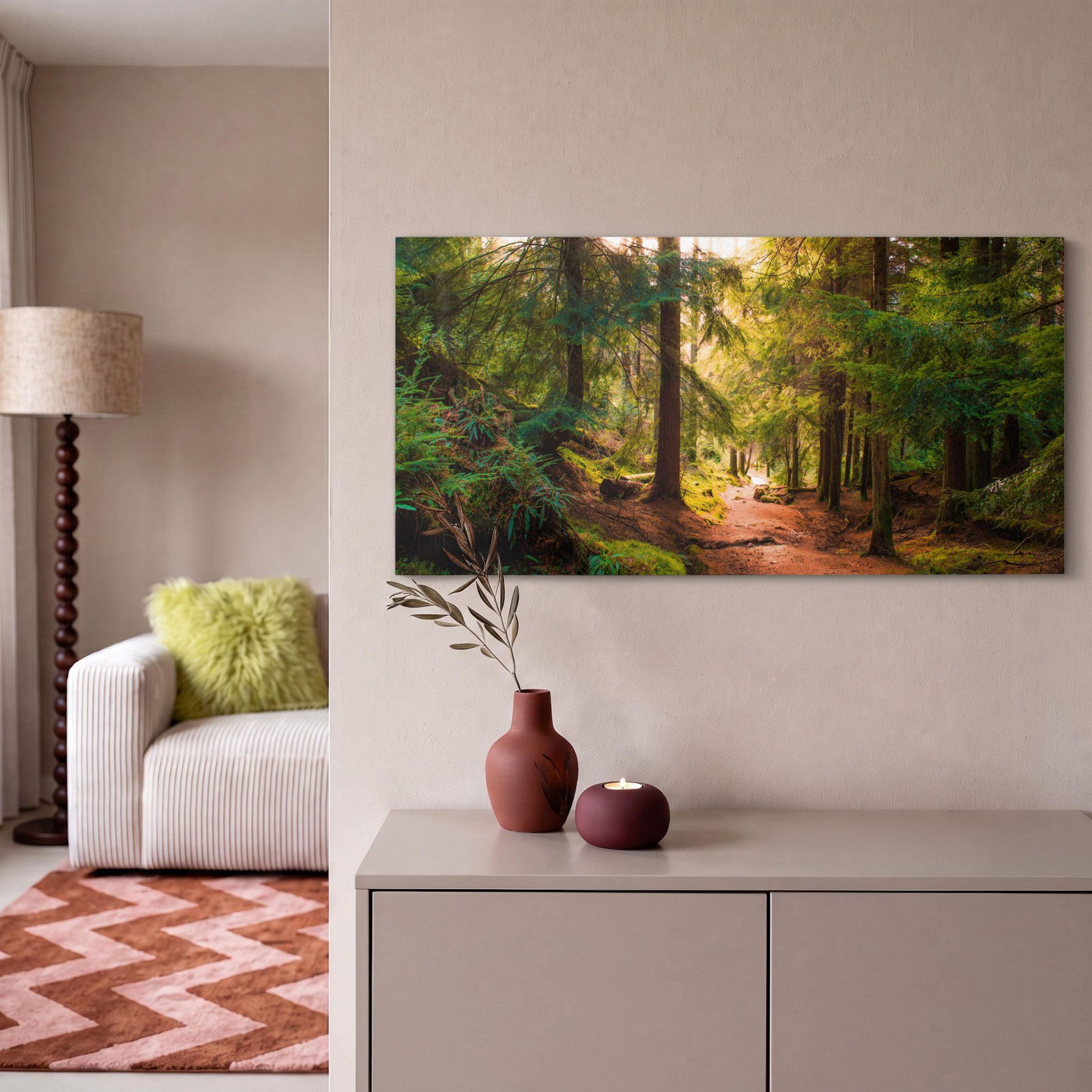 OneMillionCanvasses® Leinwandbild Panorama Wald - Weg - Bäume - Grün - Sonne - Natur, Fotodruck (1 St), Wandbild, Deko Schlafzimmer Wohnzimmer Flur 40x20 cm – Bild 2 von 5