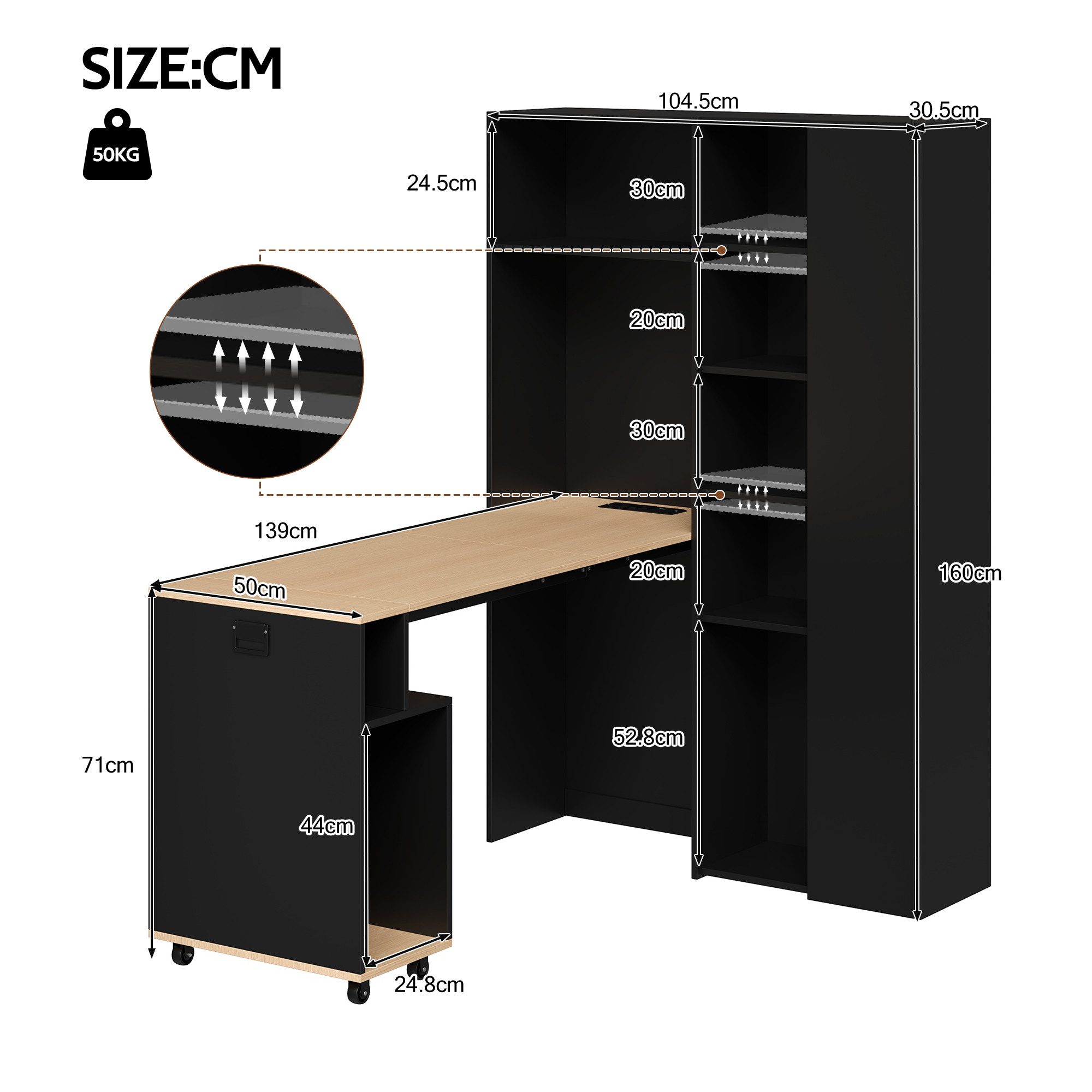 Celya Schreibtisch Klappbarer Schreibtisch mit Ablagen, Kippschutz (höhenverstellbare Ablagen, Eck-Schreibtisch), 2-in-1-Bücherregal und Schreibtisch – Bild 2 von 5