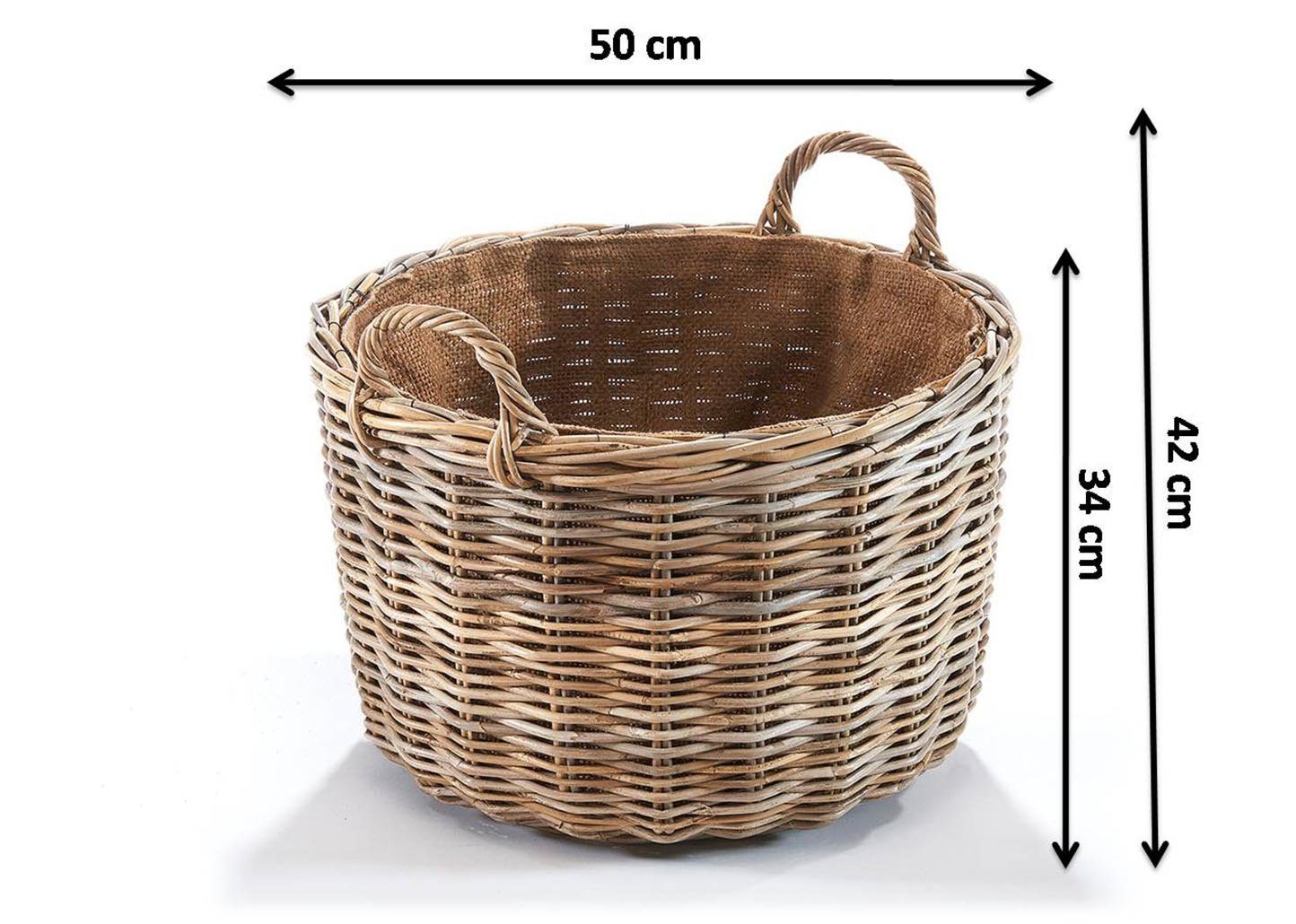 Kobolo Kaminholzkorb Holzkorb rund aus grauem Rattan mit Leinenstoff günstig online kaufen