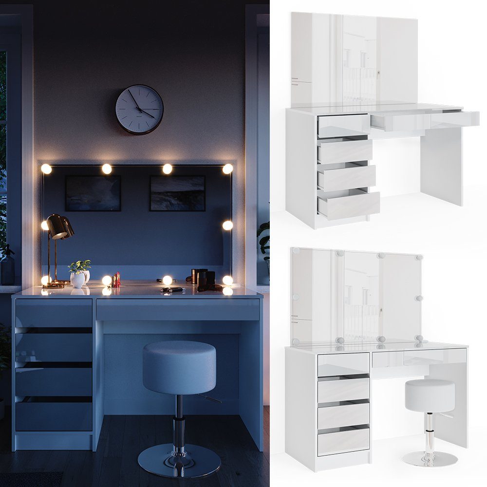 Schminktisch Sherry, Weiß, 120 cm mit LED Beleuchtung und Hocker