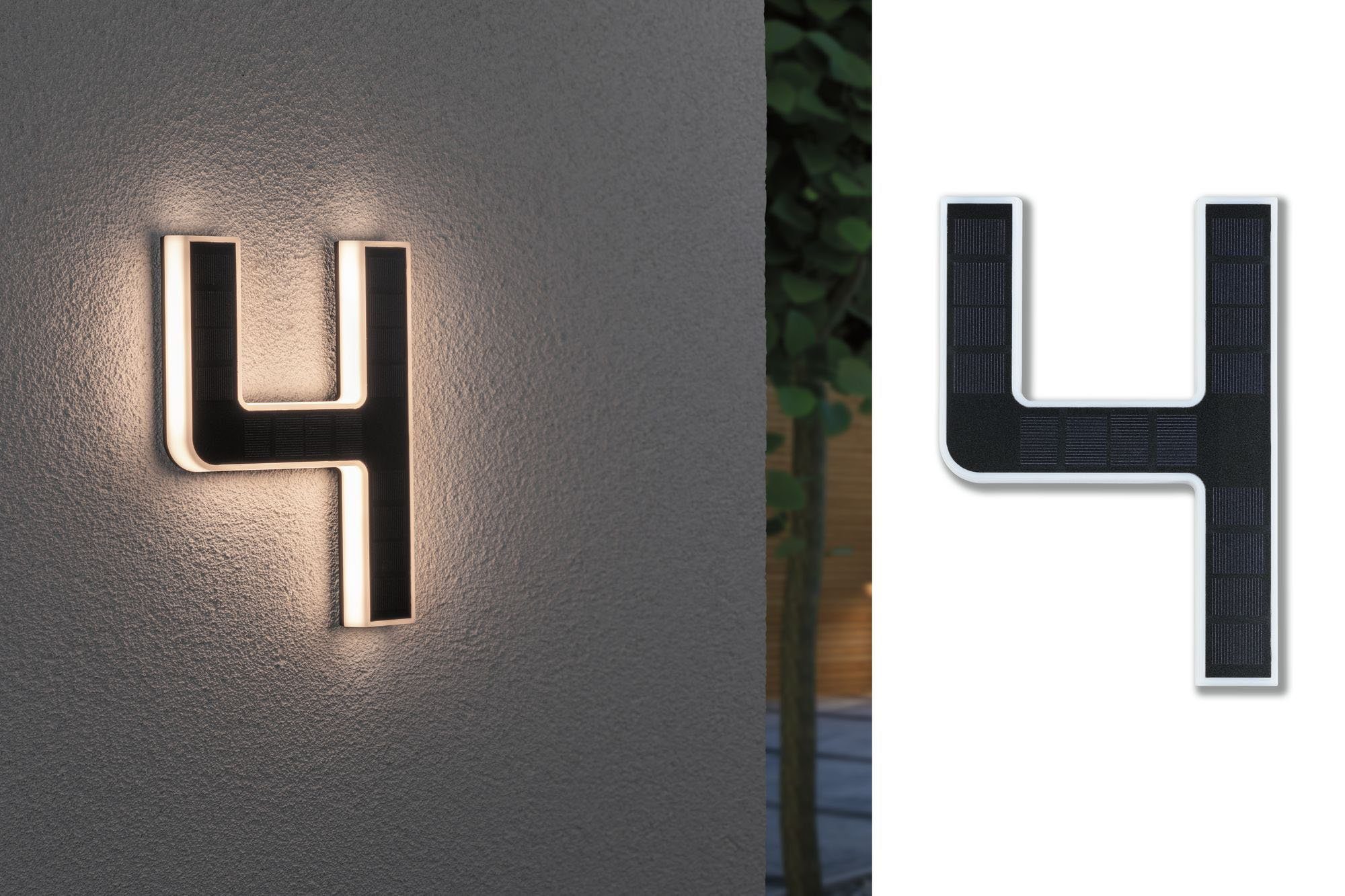 Paulmann LED Außen-Wandleuchte Solar Hausnummer, LED fest integriert, Warmweiß, LED-Modul, Hausnummern, Buchstaben wählbar, Akku wechselbar